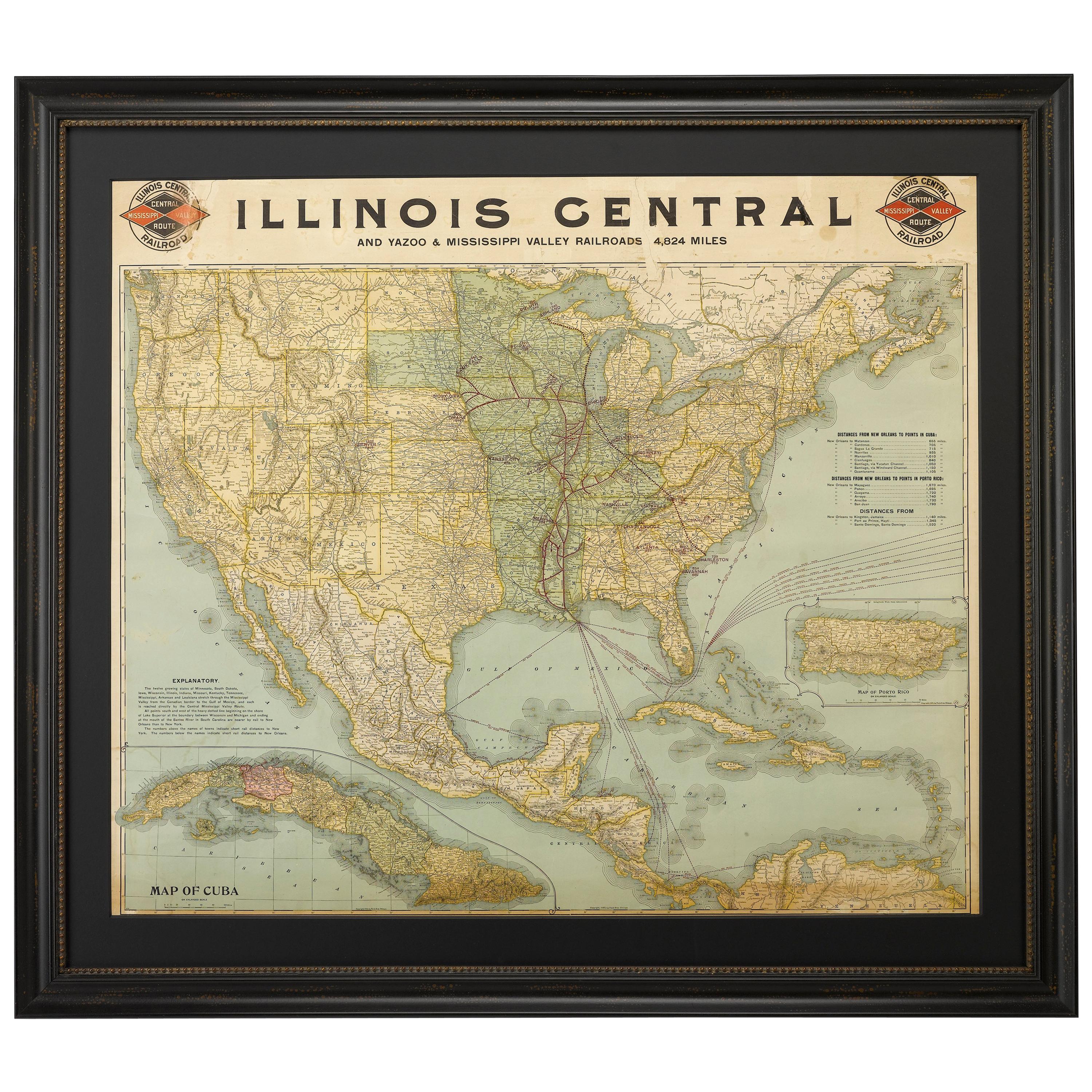 Carte ancienne des chemins de fer de l'Illinois Central Railroad de 1899, Poole Brothers