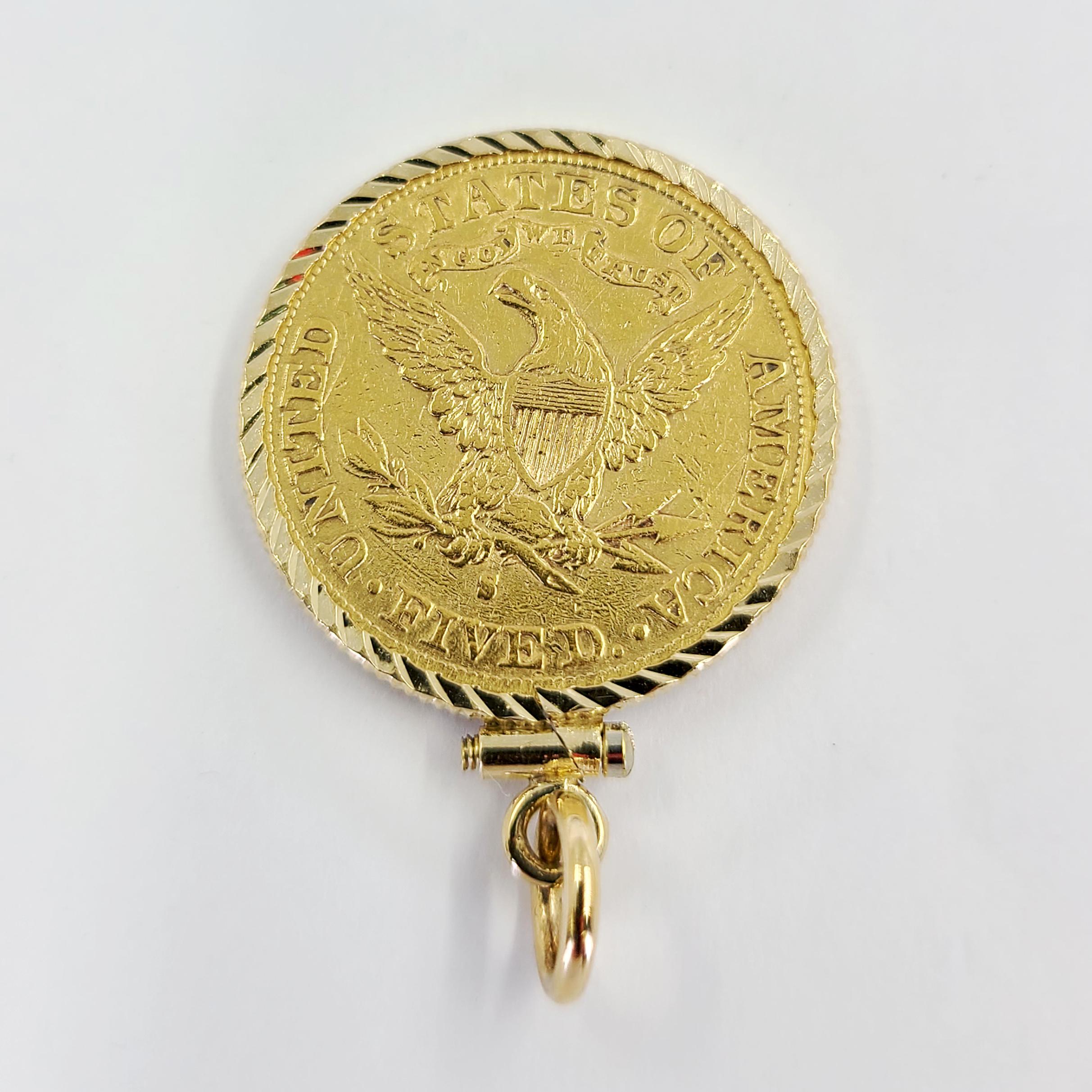 14 Karat Yellow Gold Bezel Containing A US $5 Coin From 1897 Crafted In 22 Karat Gold. 1.25 Inch Long Including Bale.