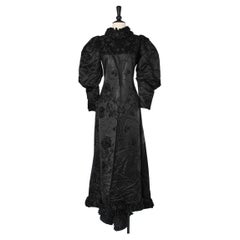 1898 Black damask silk dress with ruban ruffles around neck and bottom edge 
