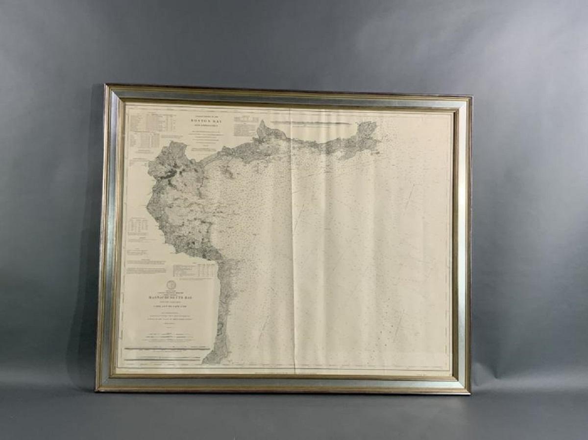 Original 1898 chart showing Massachusetts Bay with the coast from Cape Ann to Cape Cod. This is a U.S. Navy Geodetic survey chart. All towns are noted along the coast. Framed with glass. Weight is 17 pounds. 36