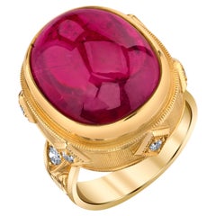 18.98 ct. Rubellite Tourmaline Cabochon and Diamond Band Ring in 18k Yellow Gold