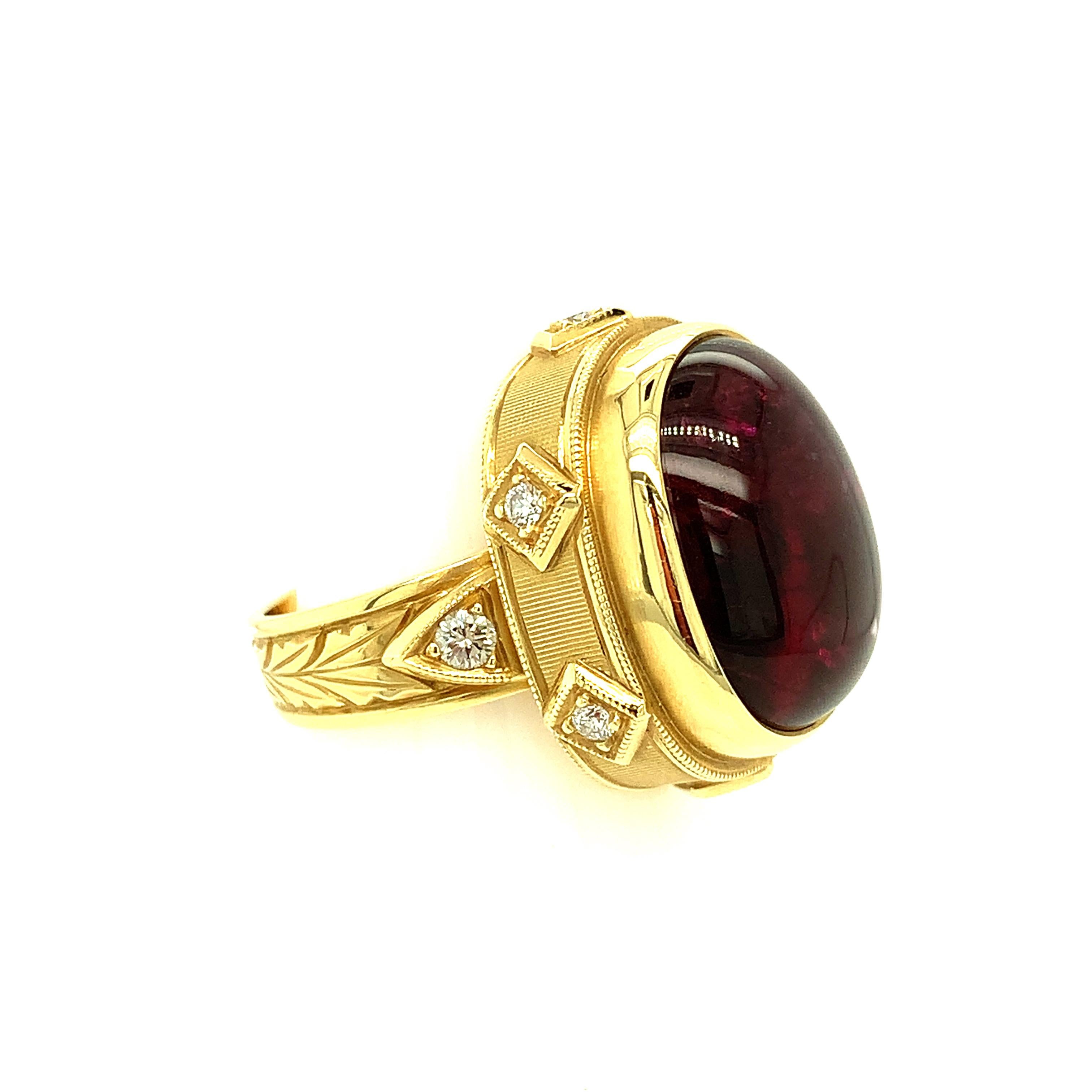 Artisan 18.98 ct. Rubellite Tourmaline Cabochon and Diamond Band Ring in 18k Yellow Gold For Sale
