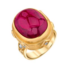 18.98 ct. Rubellite Tourmaline Cabochon and Diamond Band Ring in 18k Yellow Gold