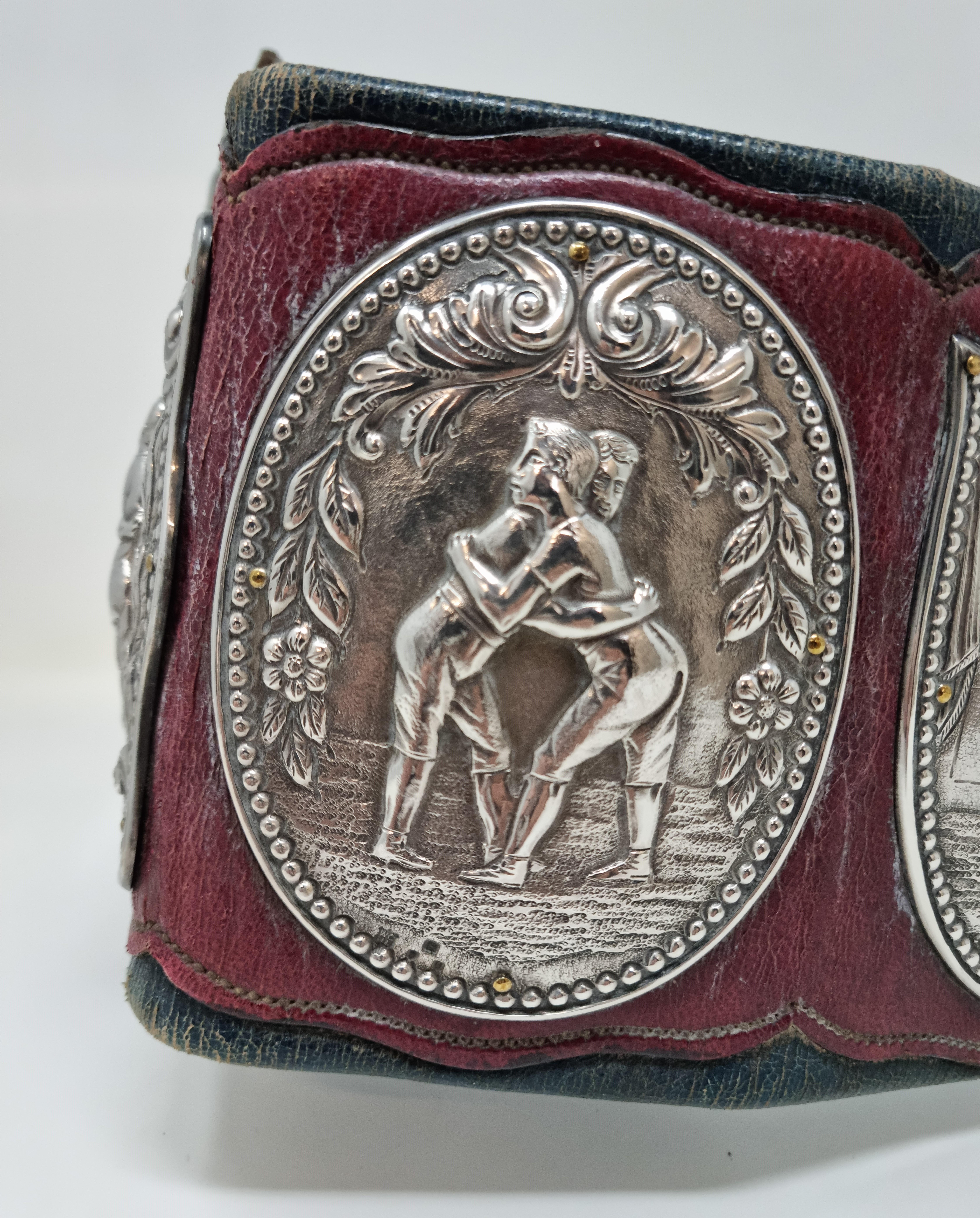 1898 Original Leather Gold and Silver Wrestling Champion Belt For Sale 3