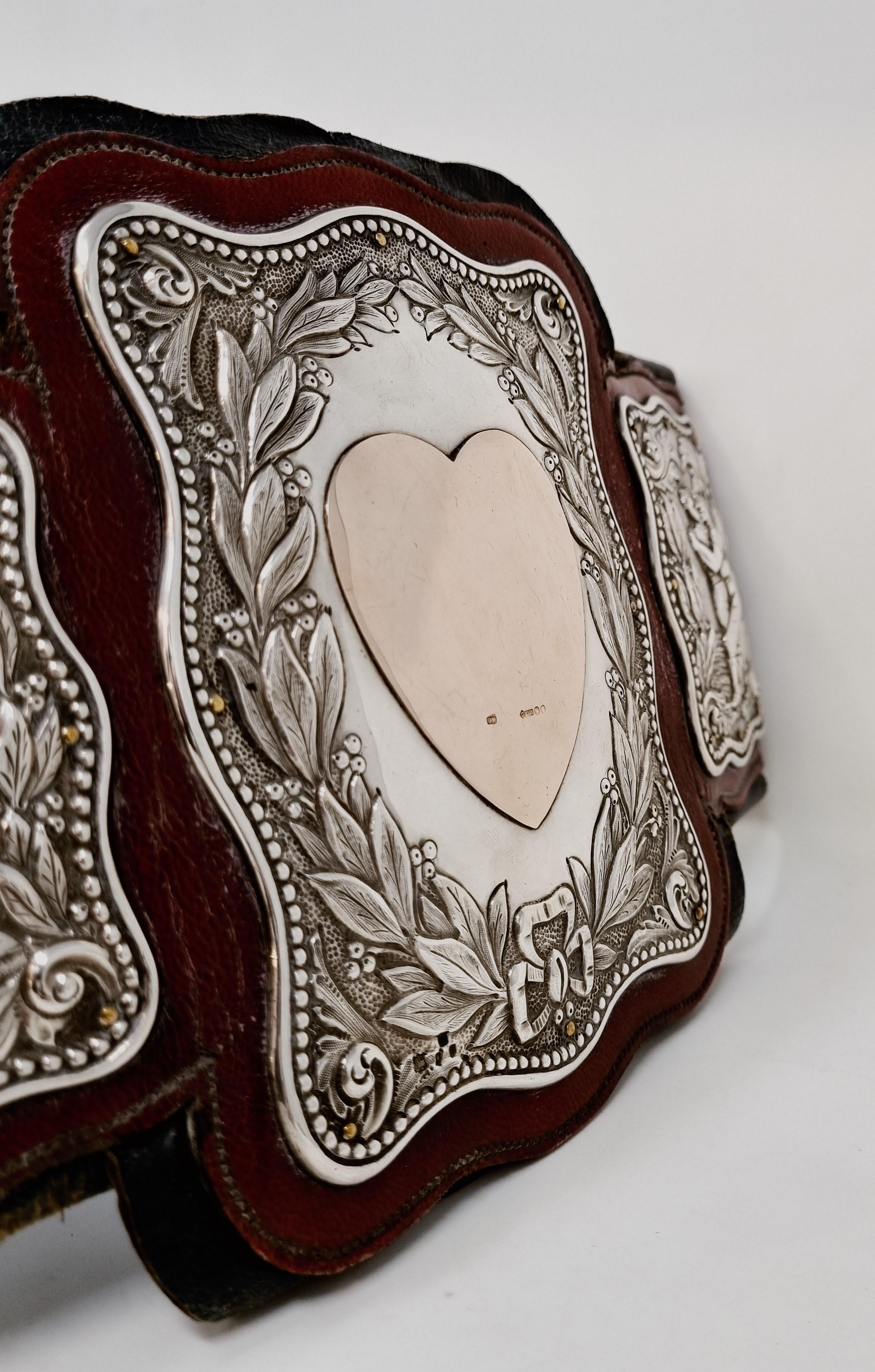 1898 Original Leather Gold and Silver Wrestling Champion Belt In Good Condition For Sale In Reggio Emilia, IT