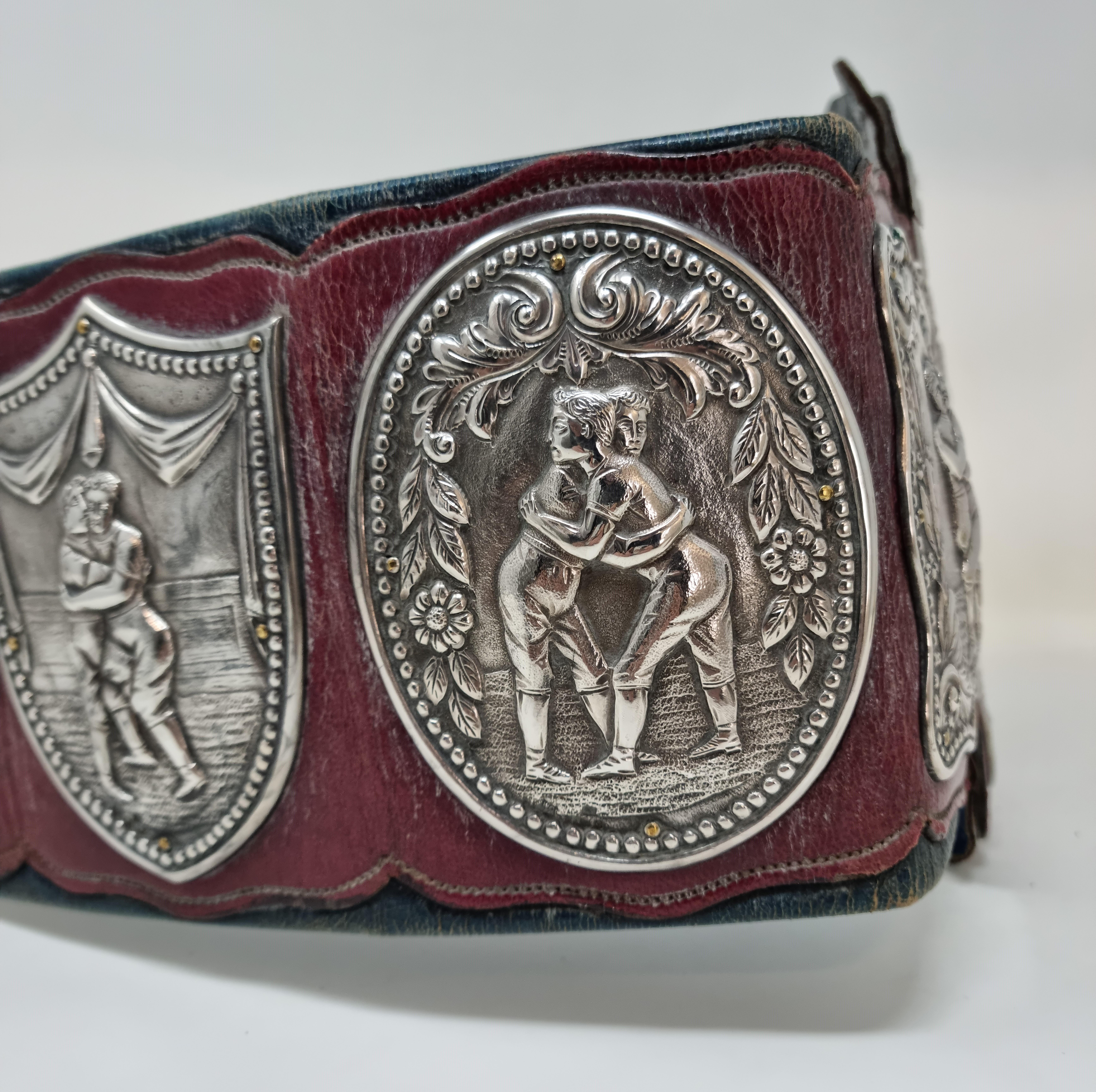 Late 19th Century 1898 Original Leather Gold and Silver Wrestling Champion Belt For Sale