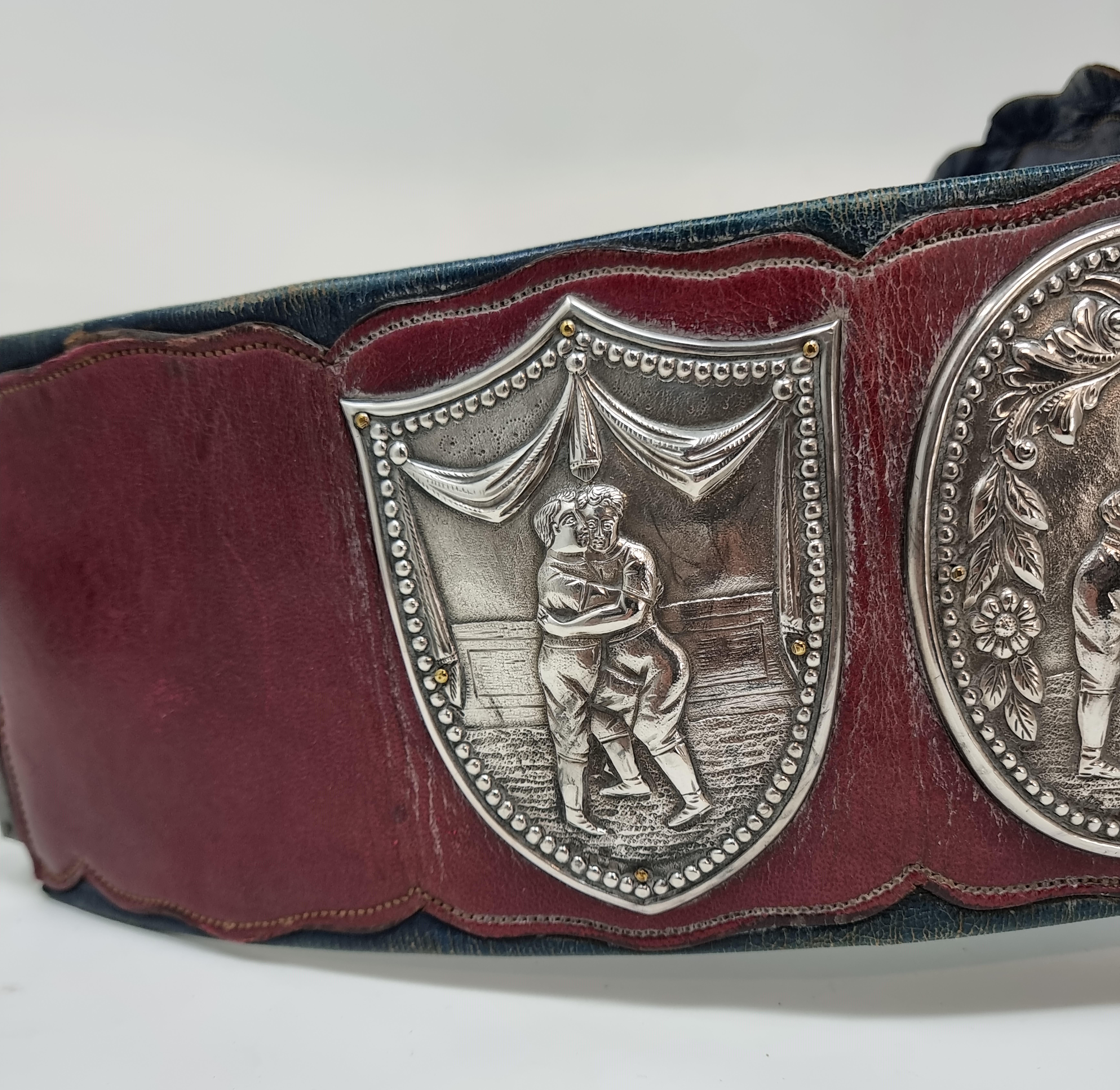 1898 Original Leather Gold and Silver Wrestling Champion Belt For Sale 1
