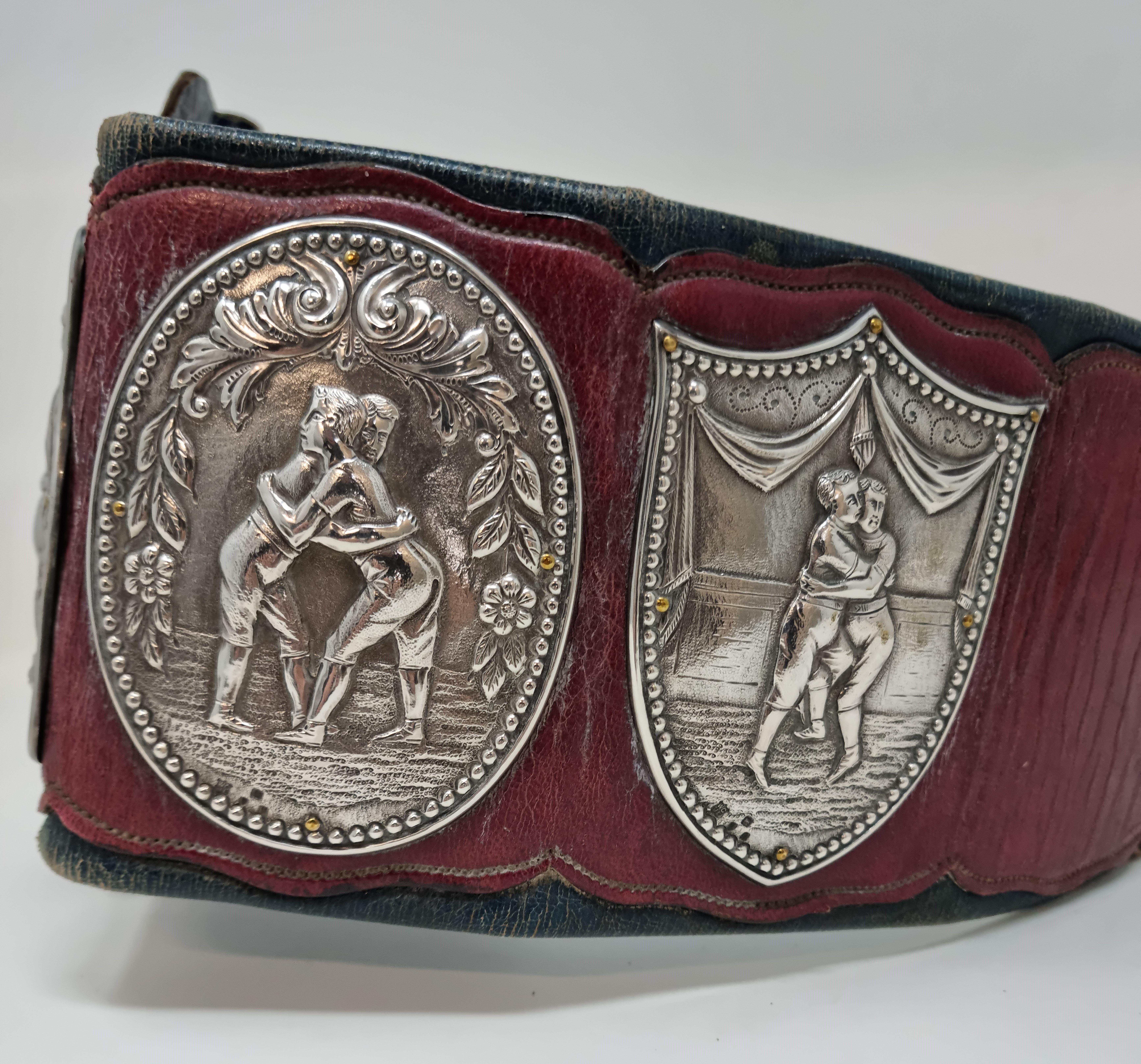1898 Original Leather Gold and Silver Wrestling Champion Belt For Sale 2