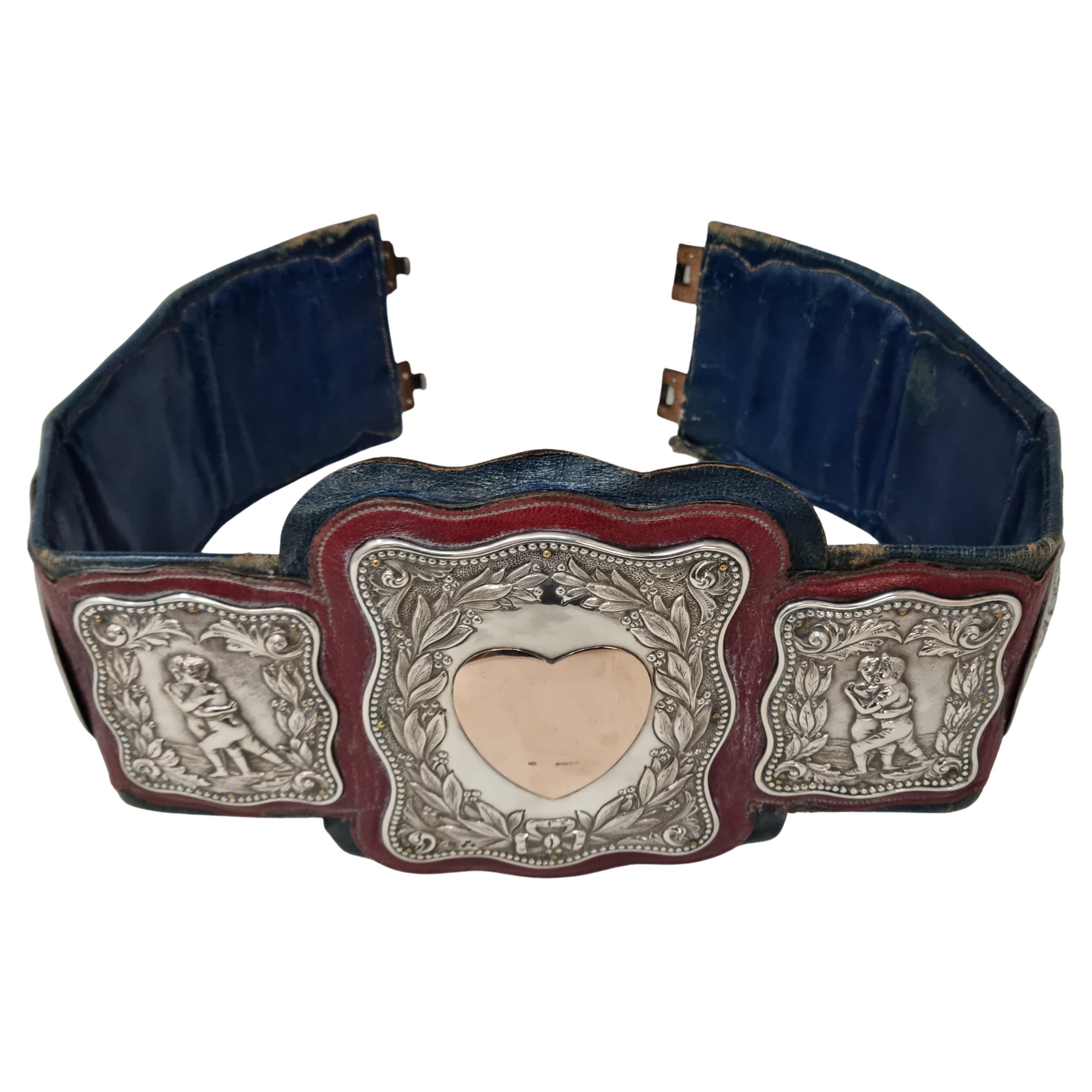 1898 Original Leather Gold and Silver Wrestling Champion Belt For Sale
