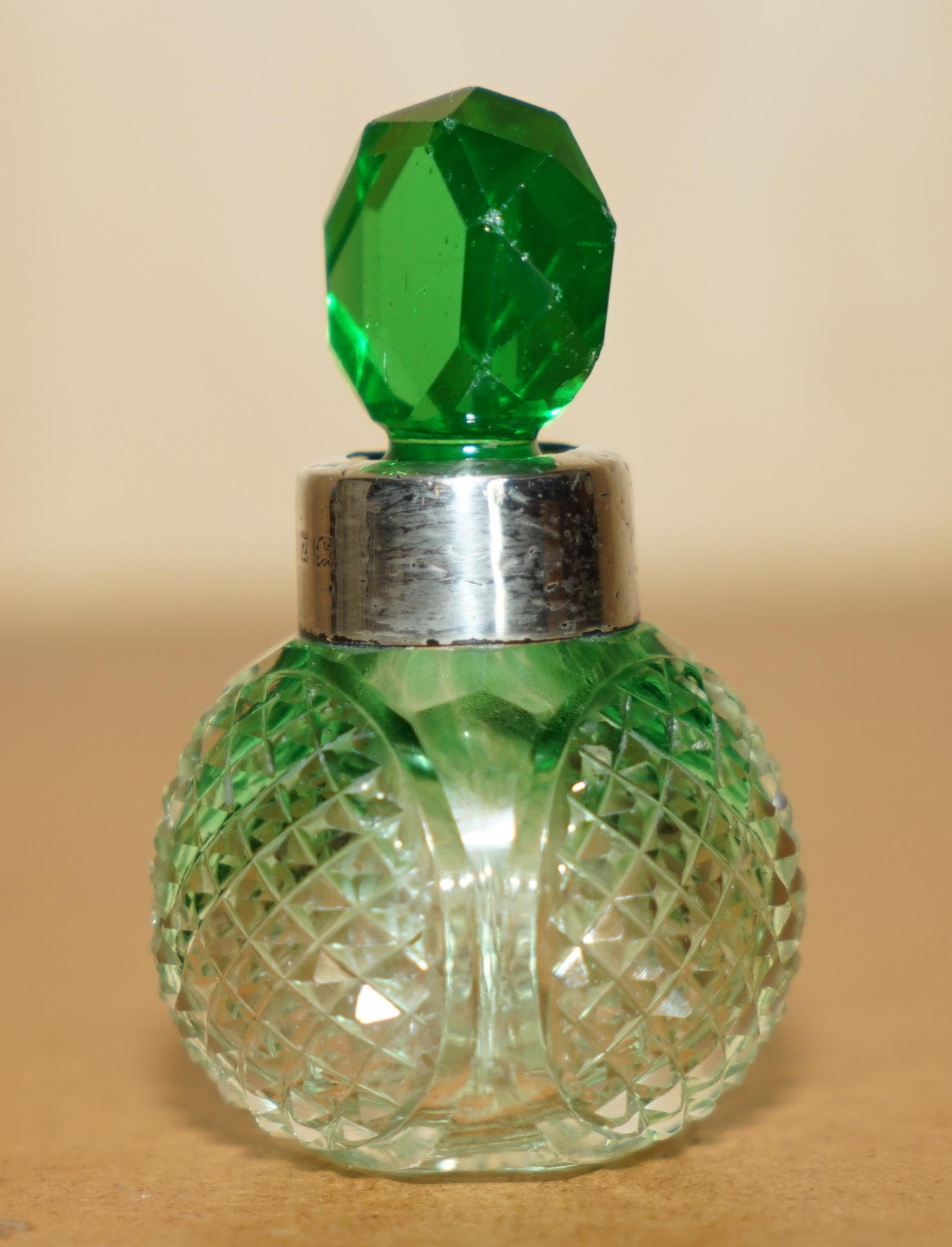 Hand-Crafted 1899 ANTiQUE STERLING SILVER PERFUME BOTTLE IN CUT GLASS GREEN & CLEAR CRYSTAL For Sale
