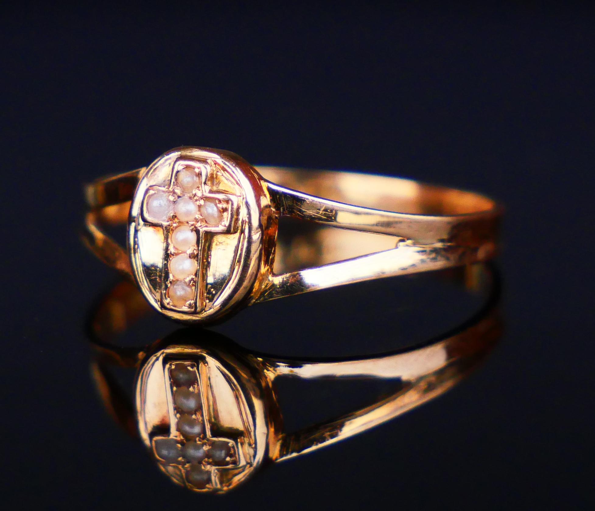 Women's 1899 Cross Ring Seed Pearls solid 18K Gold Ø 6.5 US / 1 gr. For Sale