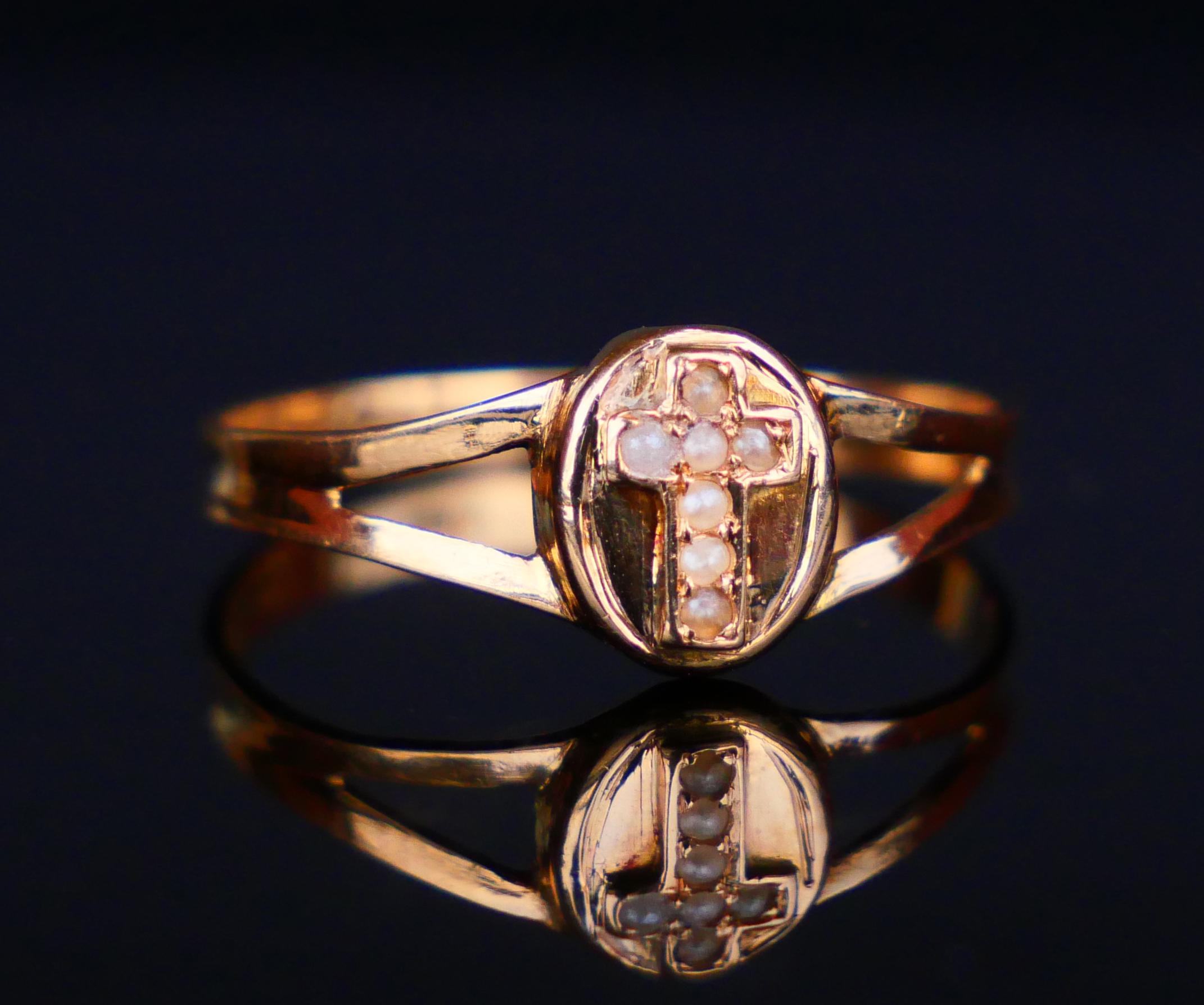 1899 Cross Ring Seed Pearls solid 18K Gold Ø 6.5 US / 1 gr. For Sale 1