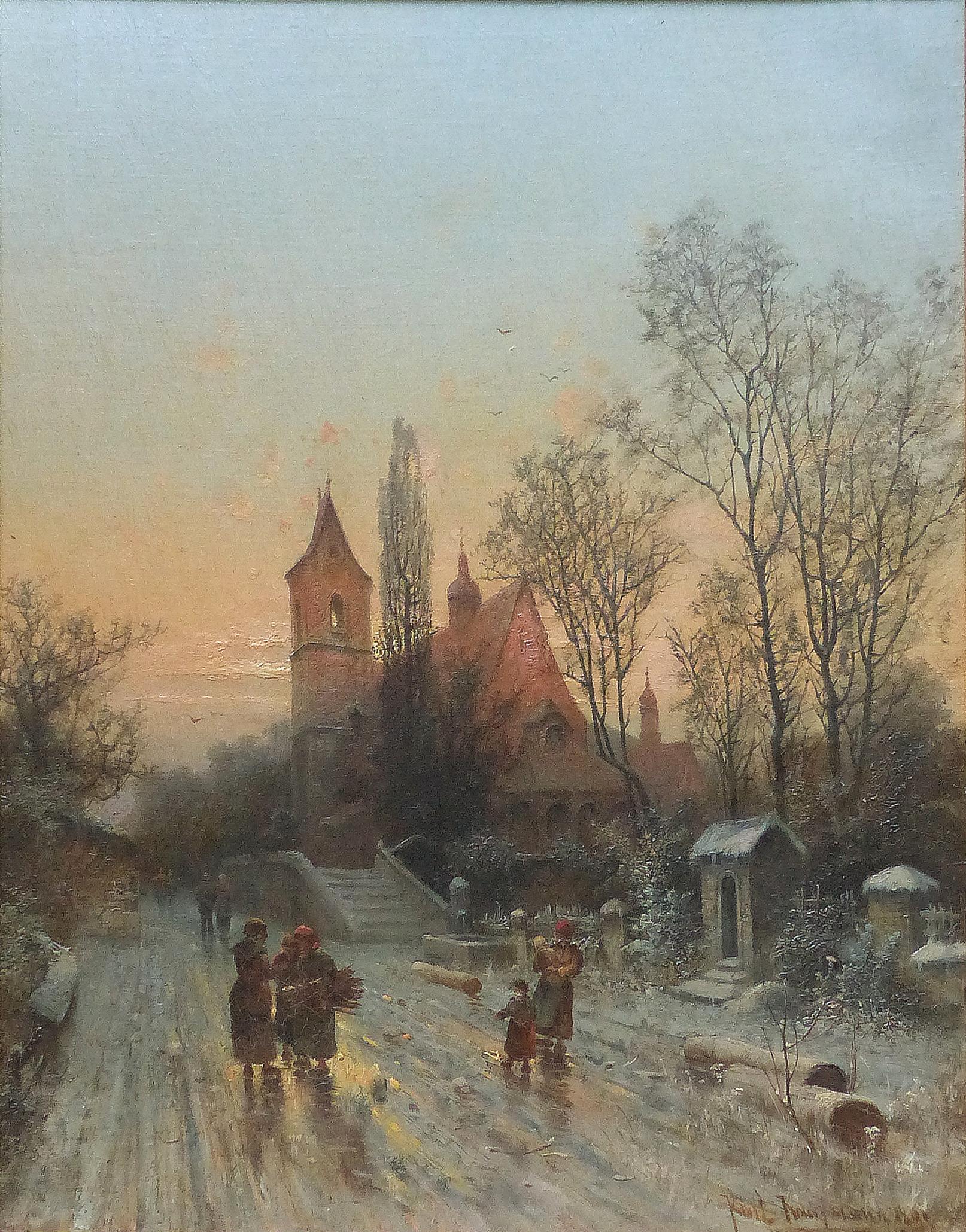 Karl Kaufmann 1899 Oil Painting of a European Village Landscape 

Offered for sale is a delicately painted oil on canvas of a European village scene by the listed artist Karl Kaufmann (1843 in Neuplachowitz- 1905 in Vienna). Kaufman was an Austrian