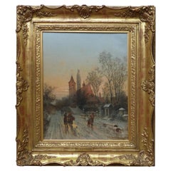 Karl Kaufmann 1899 Peinture à l'huile d'un paysage de village européen