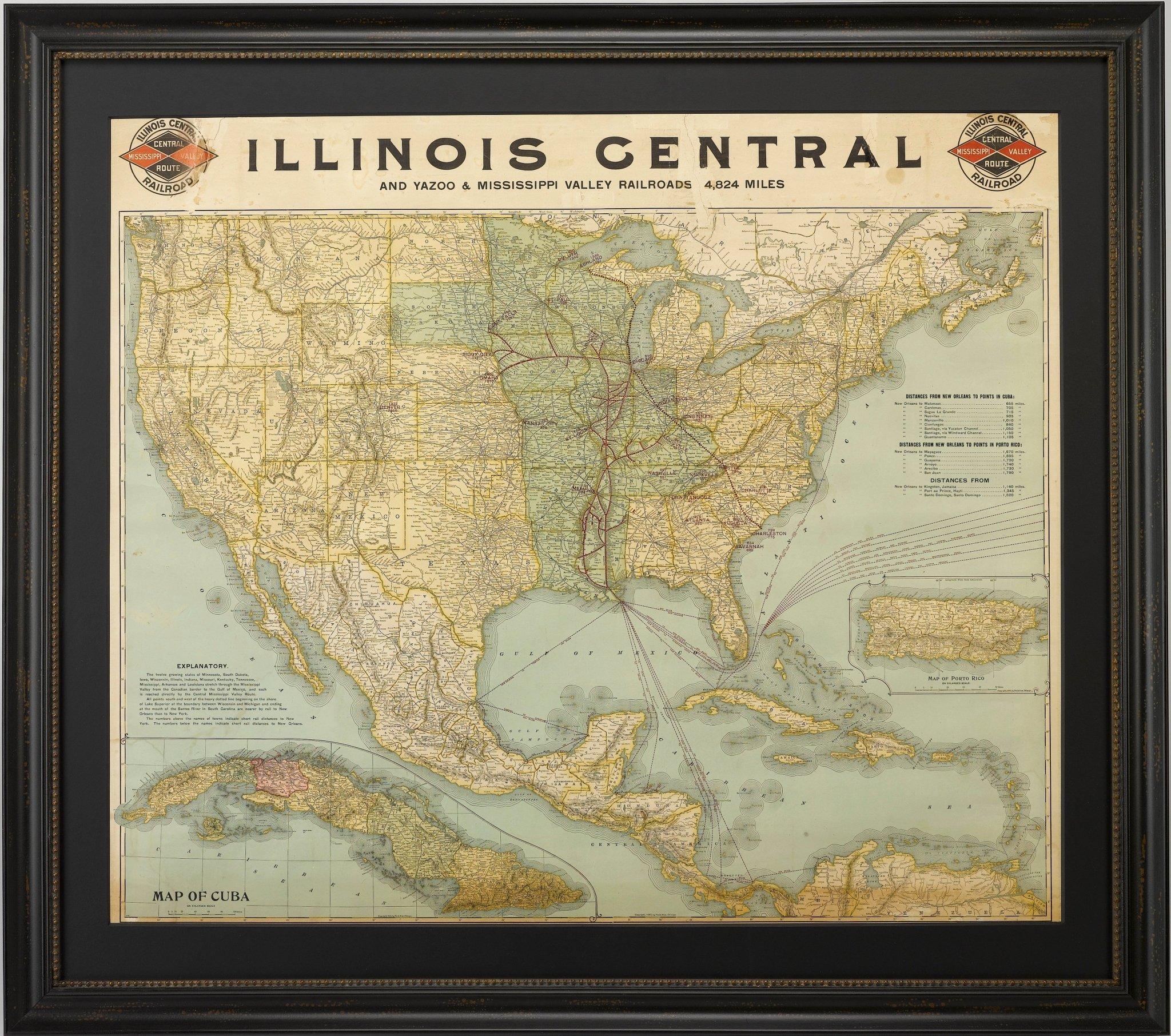Papier Carte ancienne des chemins de fer de l'Illinois Central Railroad de 1899, Poole Brothers en vente