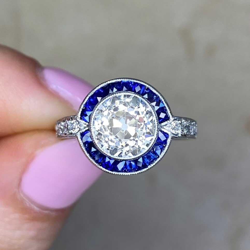 1.89ct Old European Cut Diamond Engagement Ring, Sapphire Halo, Platinum  For Sale 5