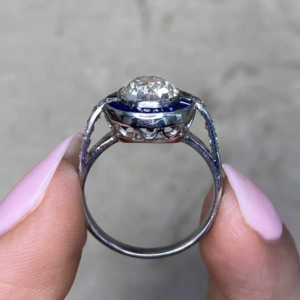 1.89ct Old European Cut Diamond Engagement Ring, Sapphire Halo, Platinum  For Sale 6