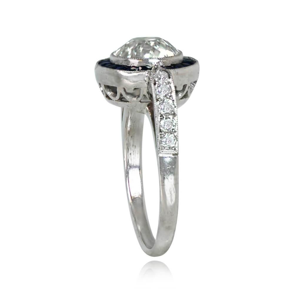 Art Deco 1.89ct Old European Cut Diamond Engagement Ring, Sapphire Halo, Platinum  For Sale
