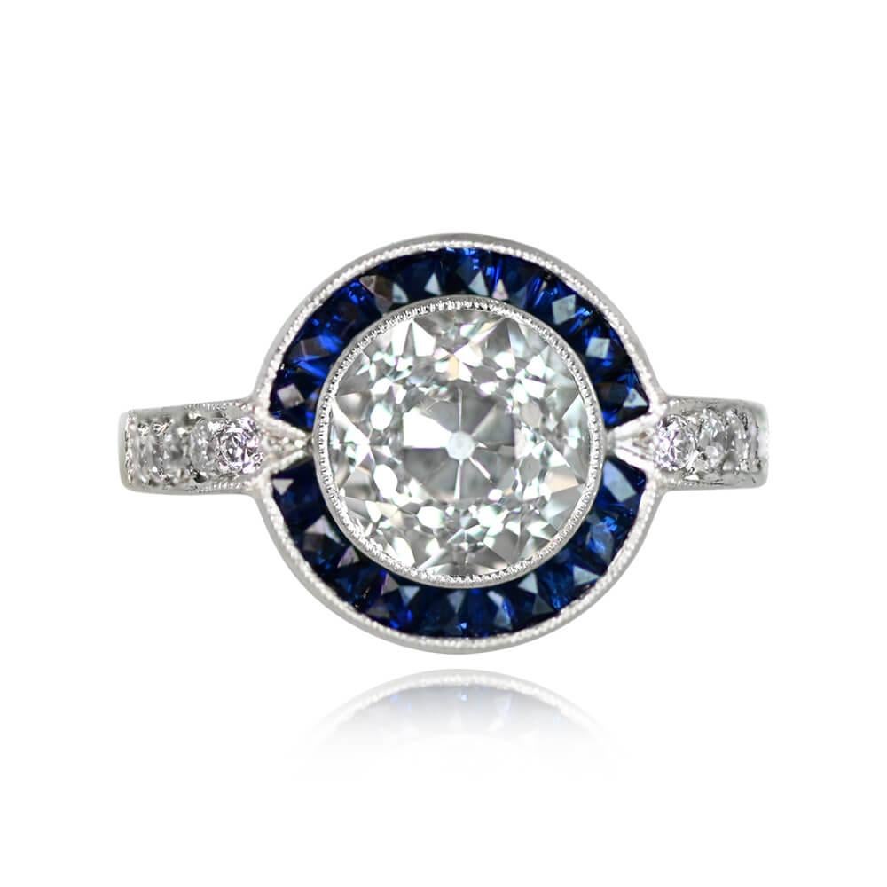 1.89ct Old European Cut Diamond Engagement Ring, Sapphire Halo, Platinum  In Excellent Condition For Sale In New York, NY