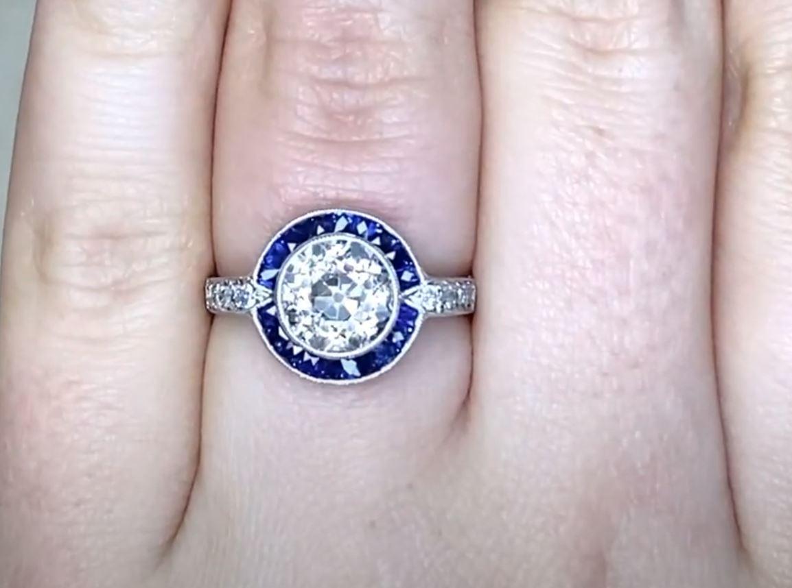 Women's 1.89ct Old European Cut Diamond Engagement Ring, Sapphire Halo, Platinum  For Sale