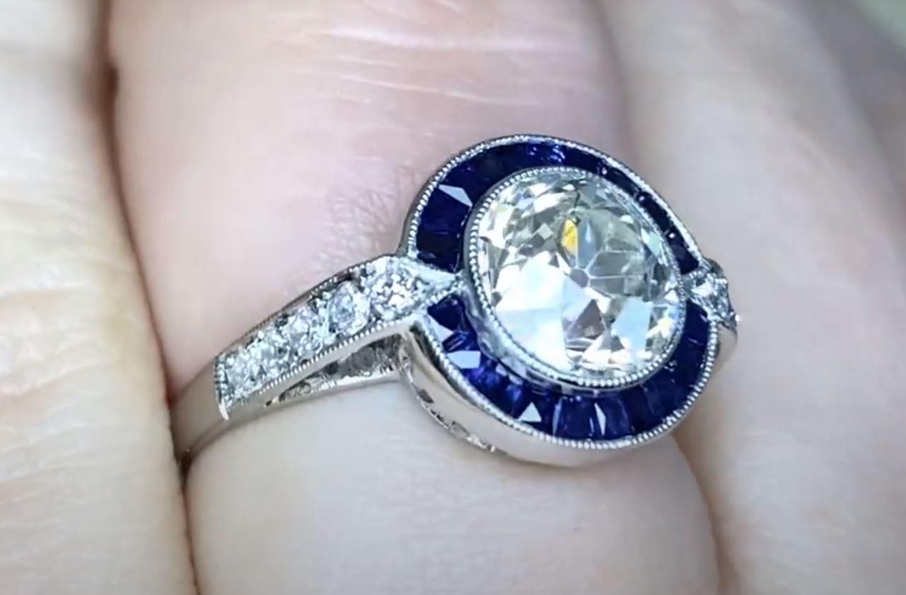 1.89ct Old European Cut Diamond Engagement Ring, Sapphire Halo, Platinum  For Sale 1