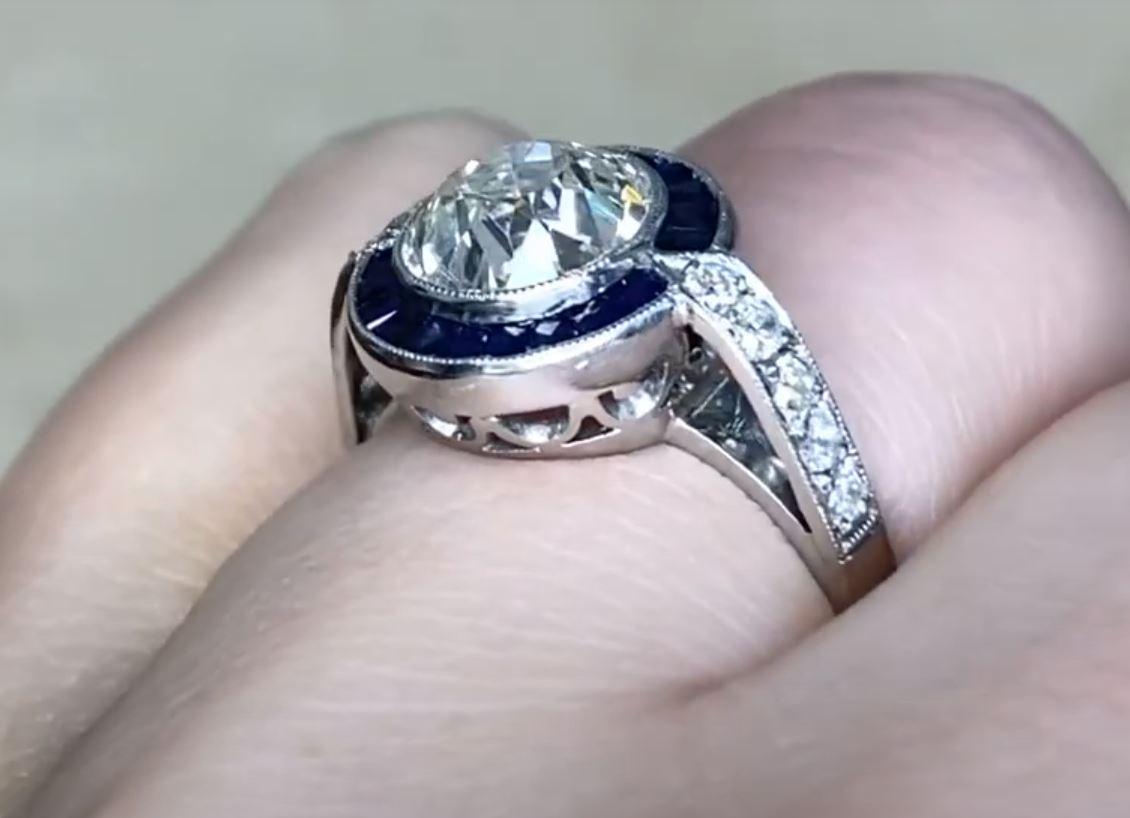 1.89ct Old European Cut Diamond Engagement Ring, Sapphire Halo, Platinum  For Sale 2