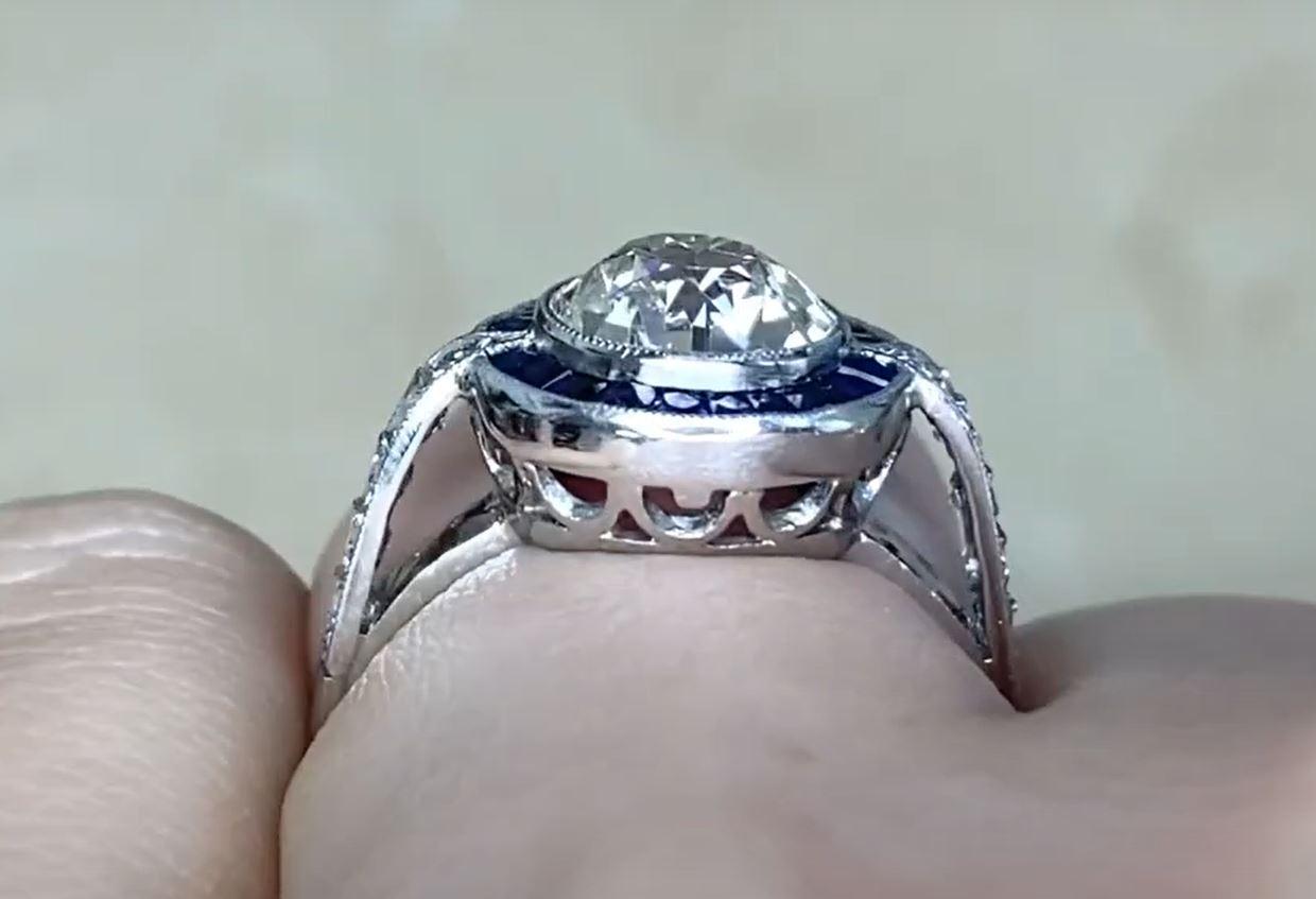 1.89ct Old European Cut Diamond Engagement Ring, Sapphire Halo, Platinum  For Sale 3