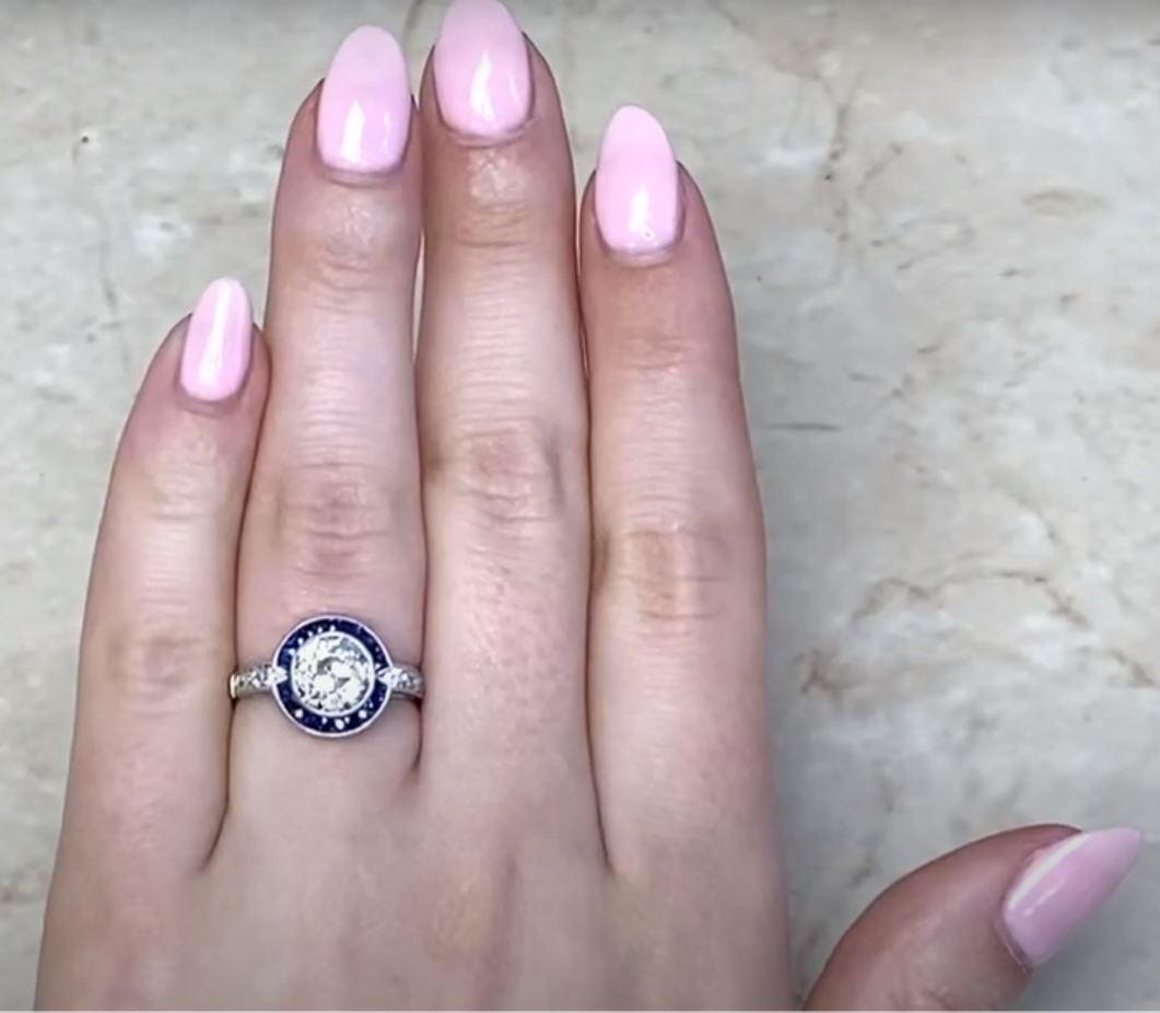 1.89ct Old European Cut Diamond Engagement Ring, Sapphire Halo, Platinum  For Sale 4