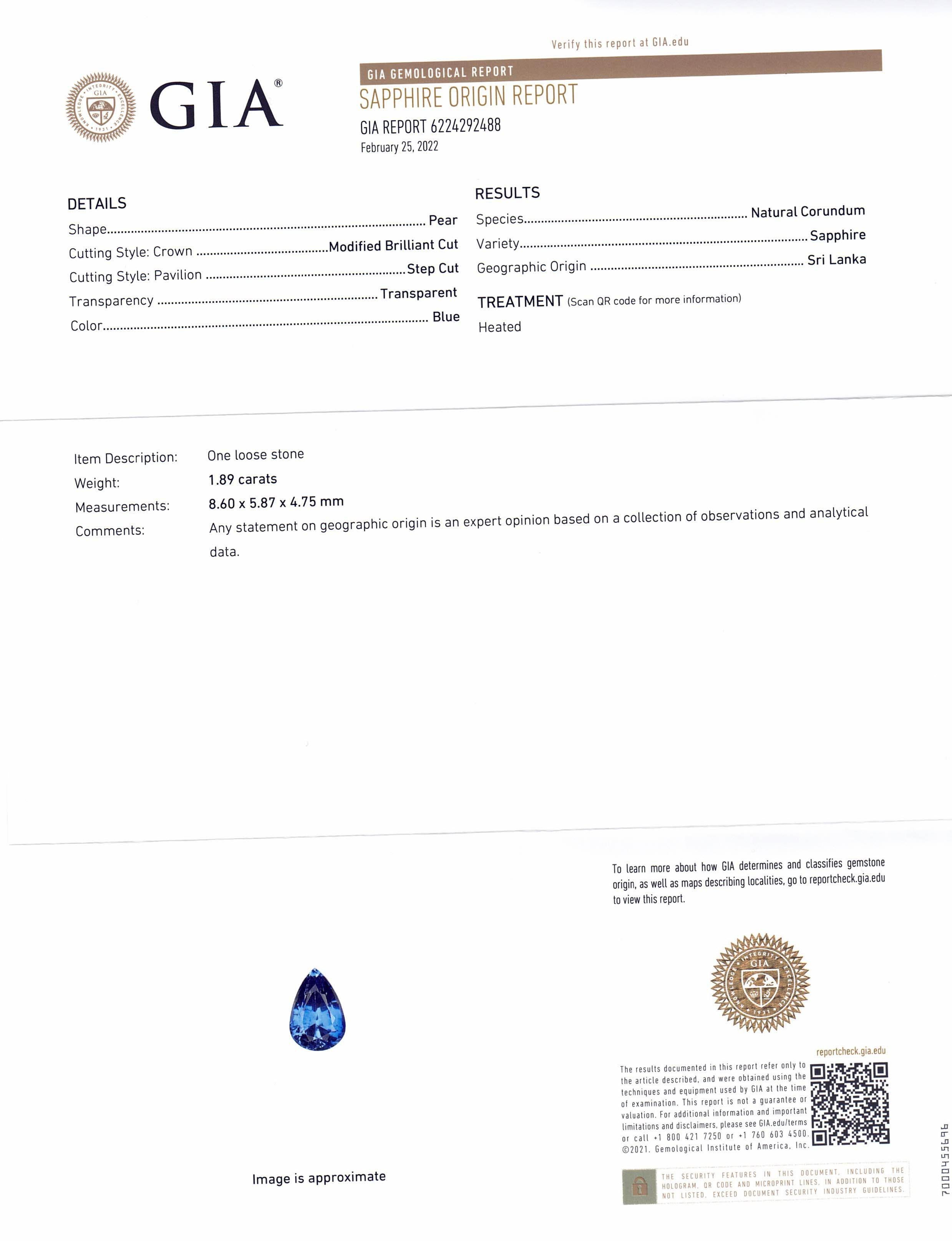 Women's or Men's 1.89 Carat Pear Blue Sapphire Gia Certified, Sri Lanka For Sale