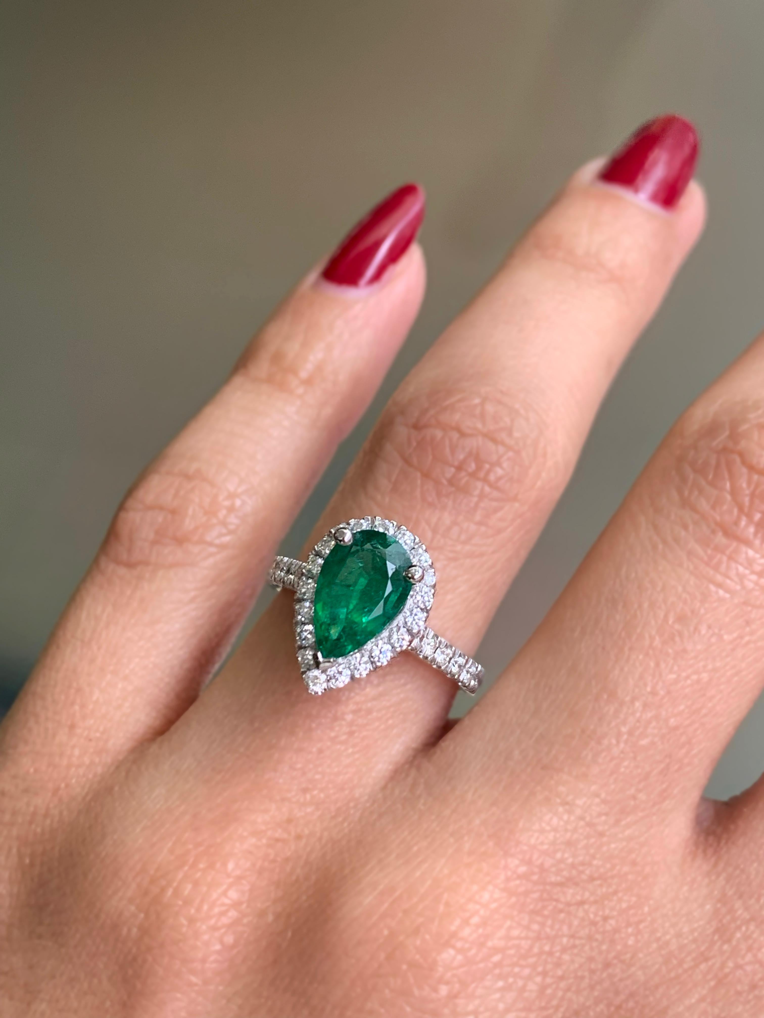 Pear Cut 1.89 Carat Pear Shape Emerald and Diamond 18 Carat White Gold Engagement Ring