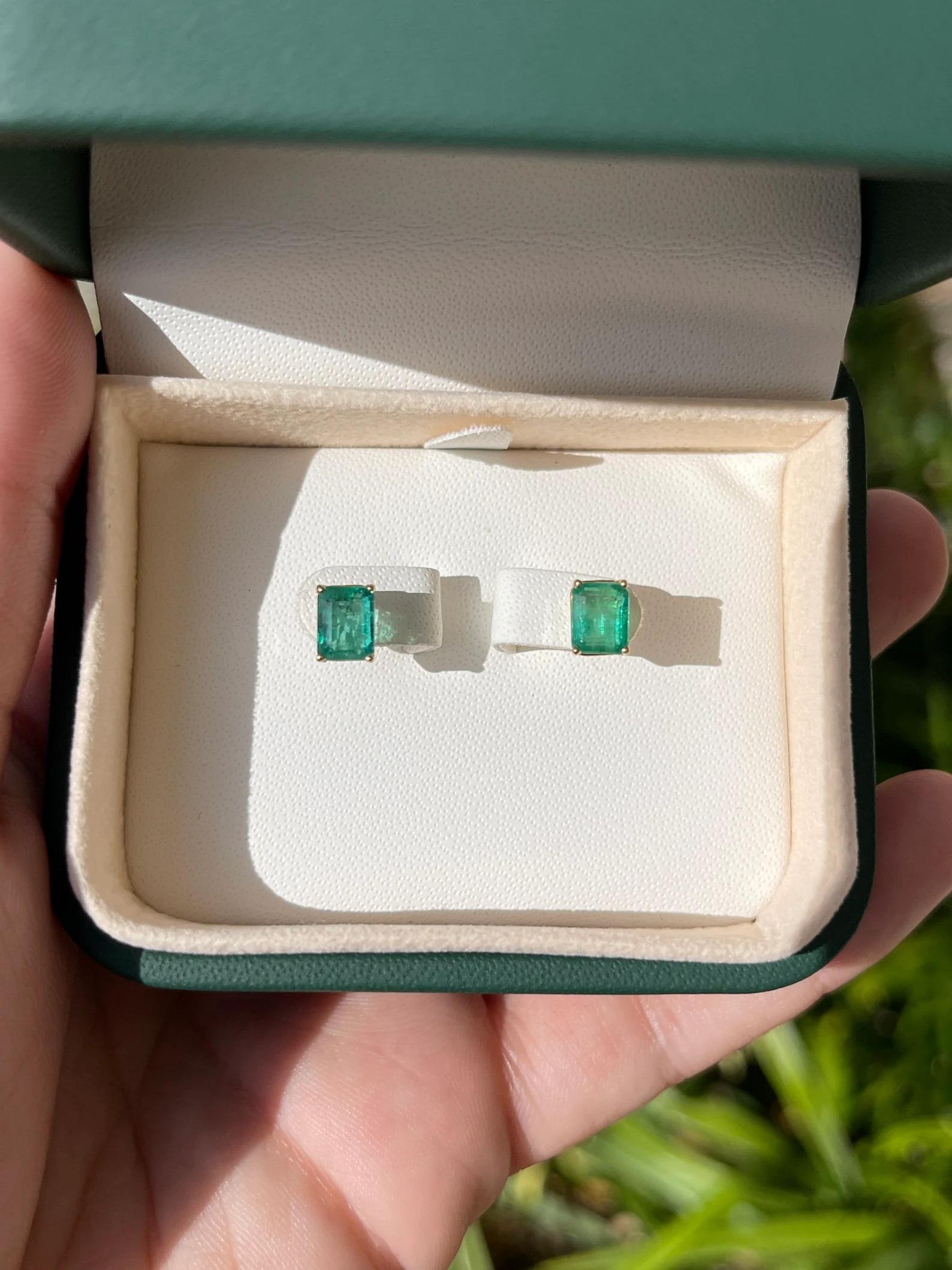 Modern 1.89tcw Classic Natural Zambian Emerald Prong Set Stud Earrings Yellow Gold 14K For Sale