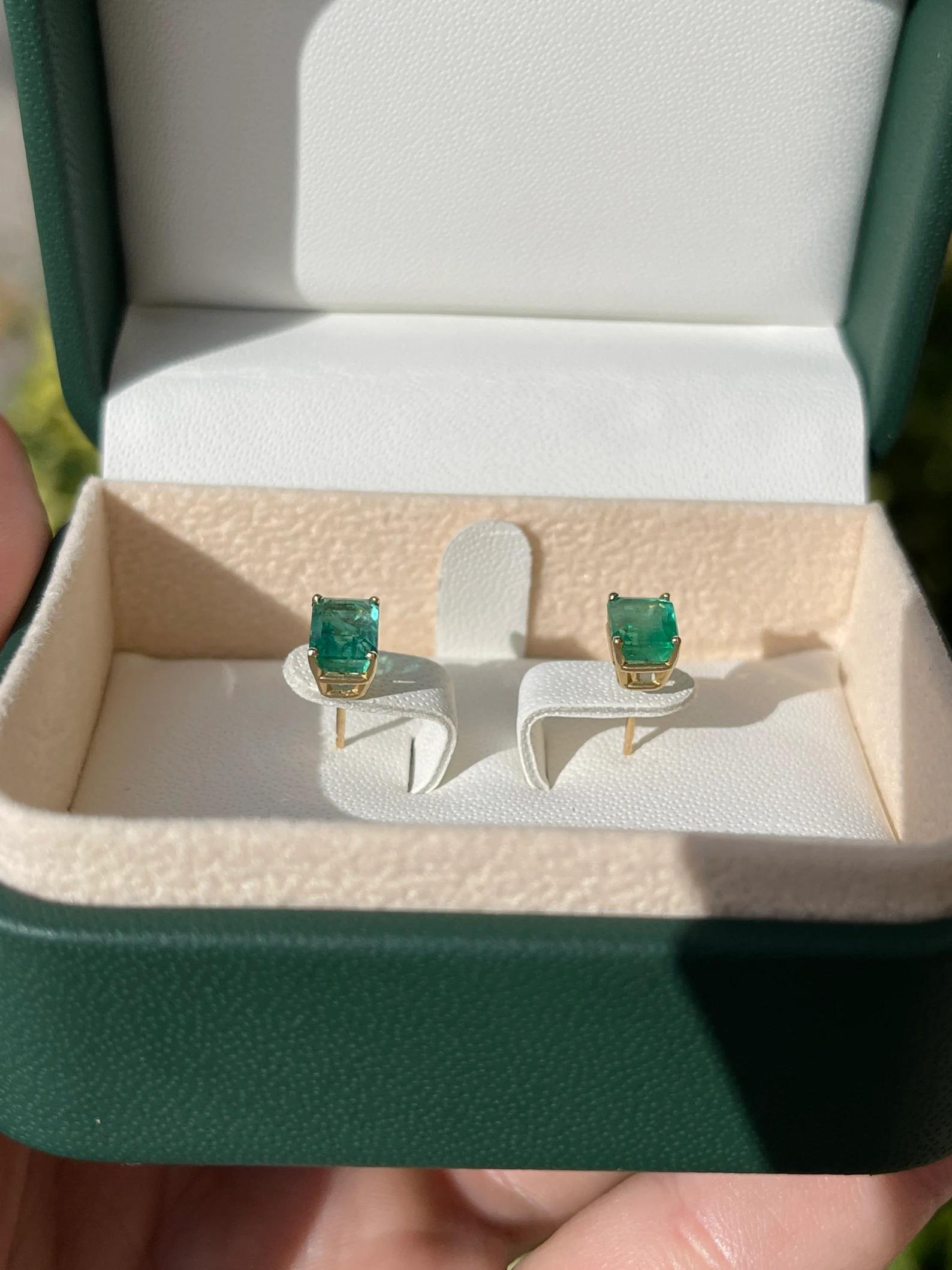 Emerald Cut 1.89tcw Classic Natural Zambian Emerald Prong Set Stud Earrings Yellow Gold 14K For Sale