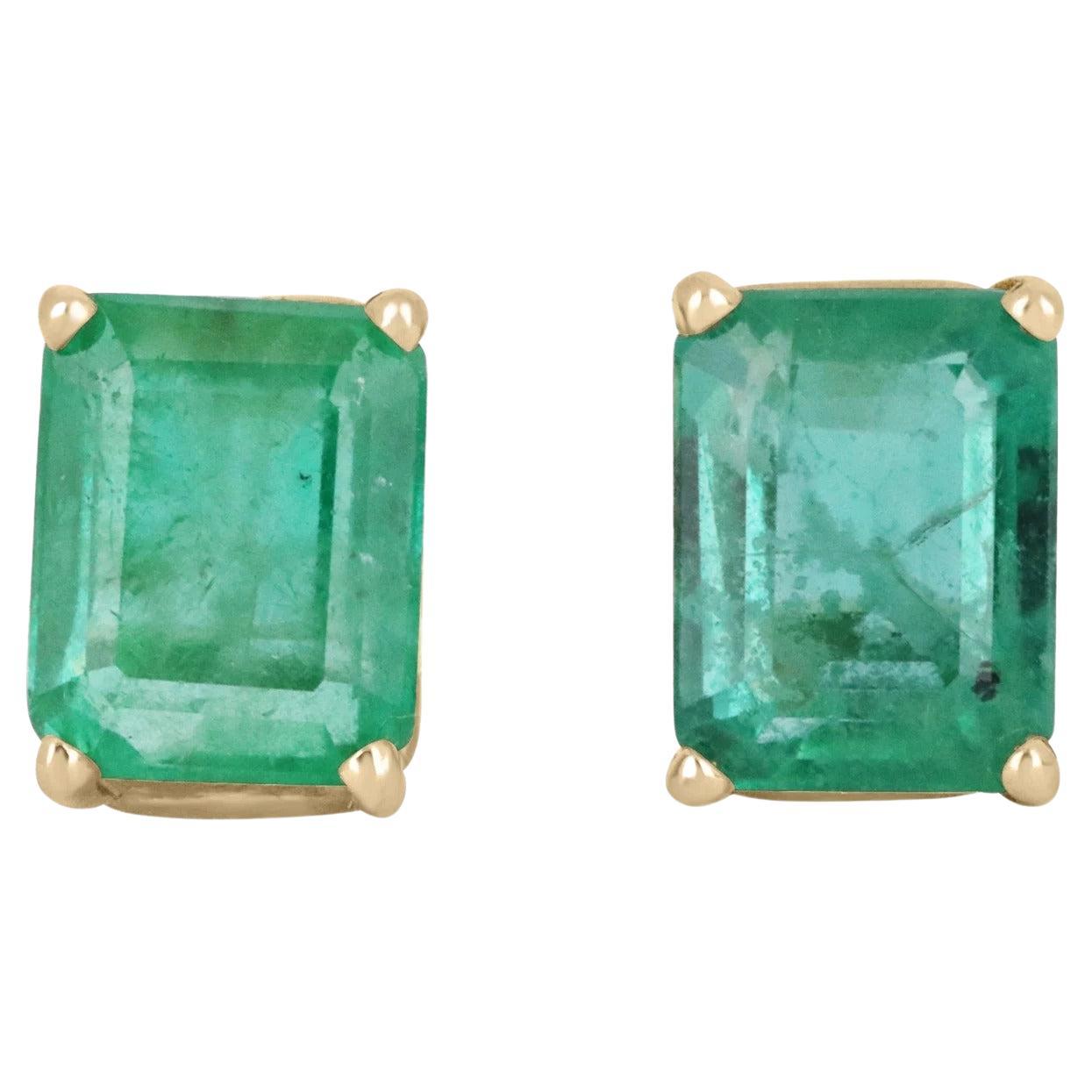 1.89tcw Classic Natural Zambian Emerald Prong Set Stud Earrings Yellow Gold 14K For Sale