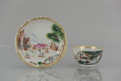 18C Antique Rare Cup Saucer Chine de commande, Western Subjects Meissen Style