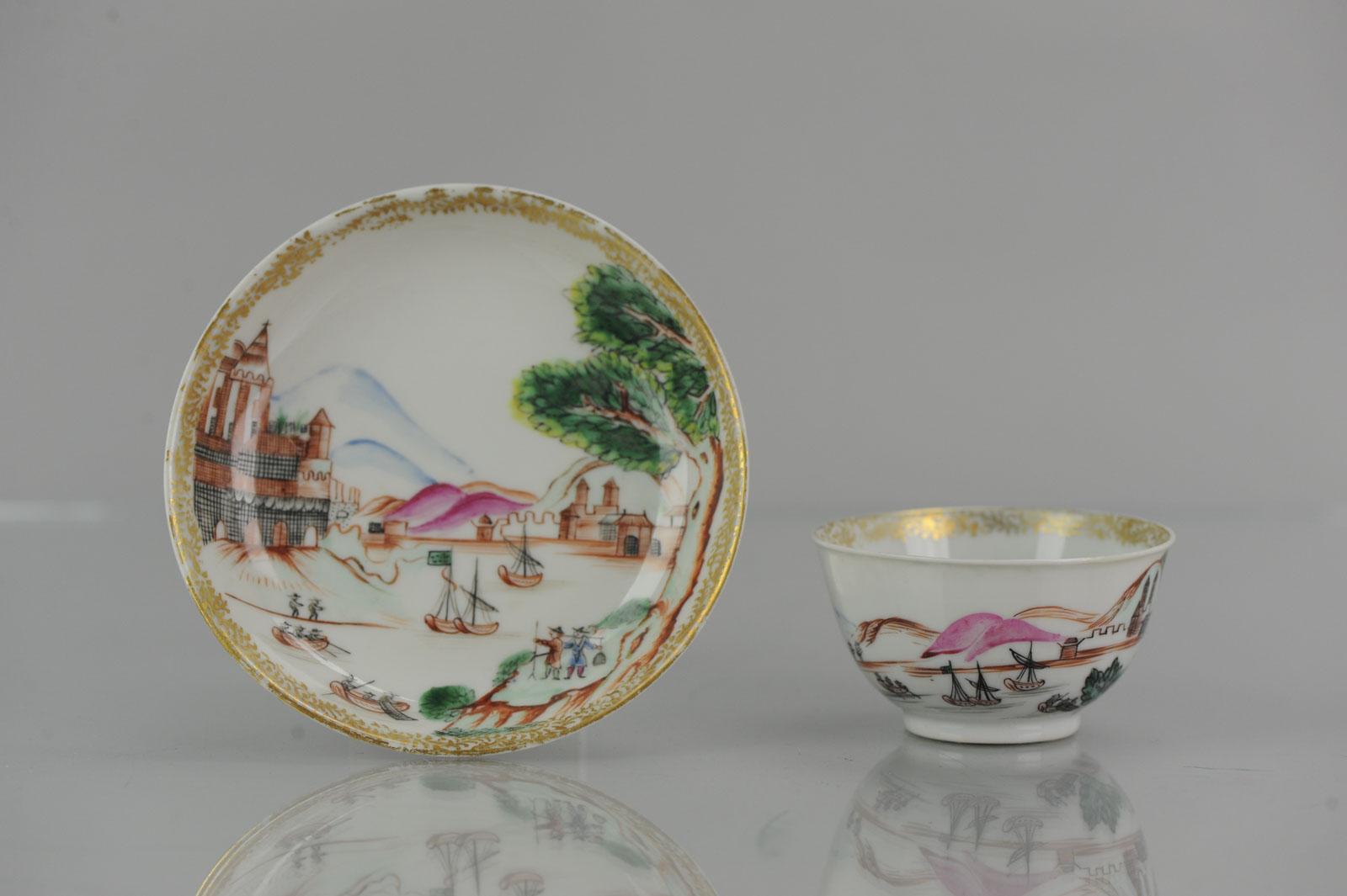 Qing 18C Antique Rare Cup Saucer Chine de commande, Western Subjects Meissen Style For Sale
