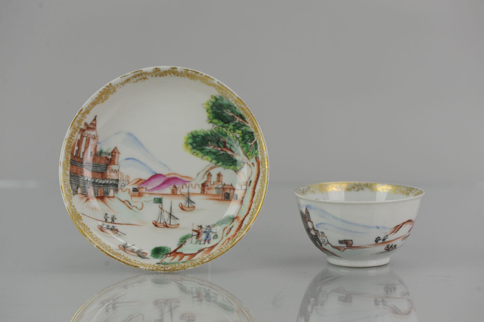 Chinese 18C Antique Rare Cup Saucer Chine de commande, Western Subjects Meissen Style For Sale
