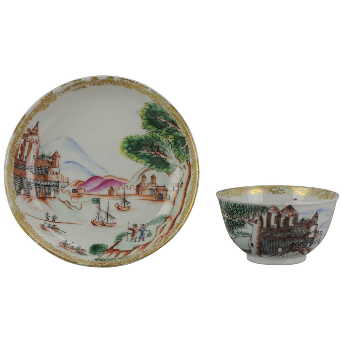 18C Antique Rare Cup Saucer Chine de commande, Western Subjects Meissen Style For Sale