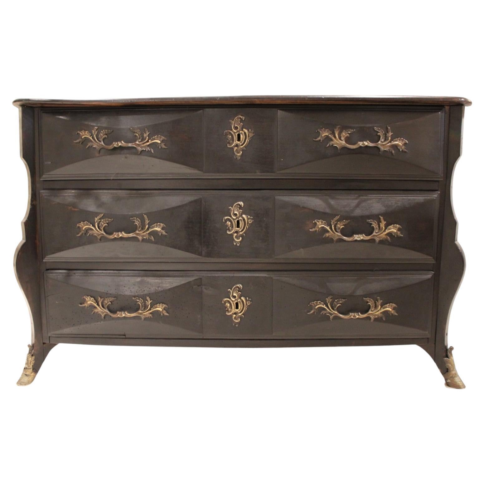 18c French Black Antique Mazarine Chest with Bronze Hardware