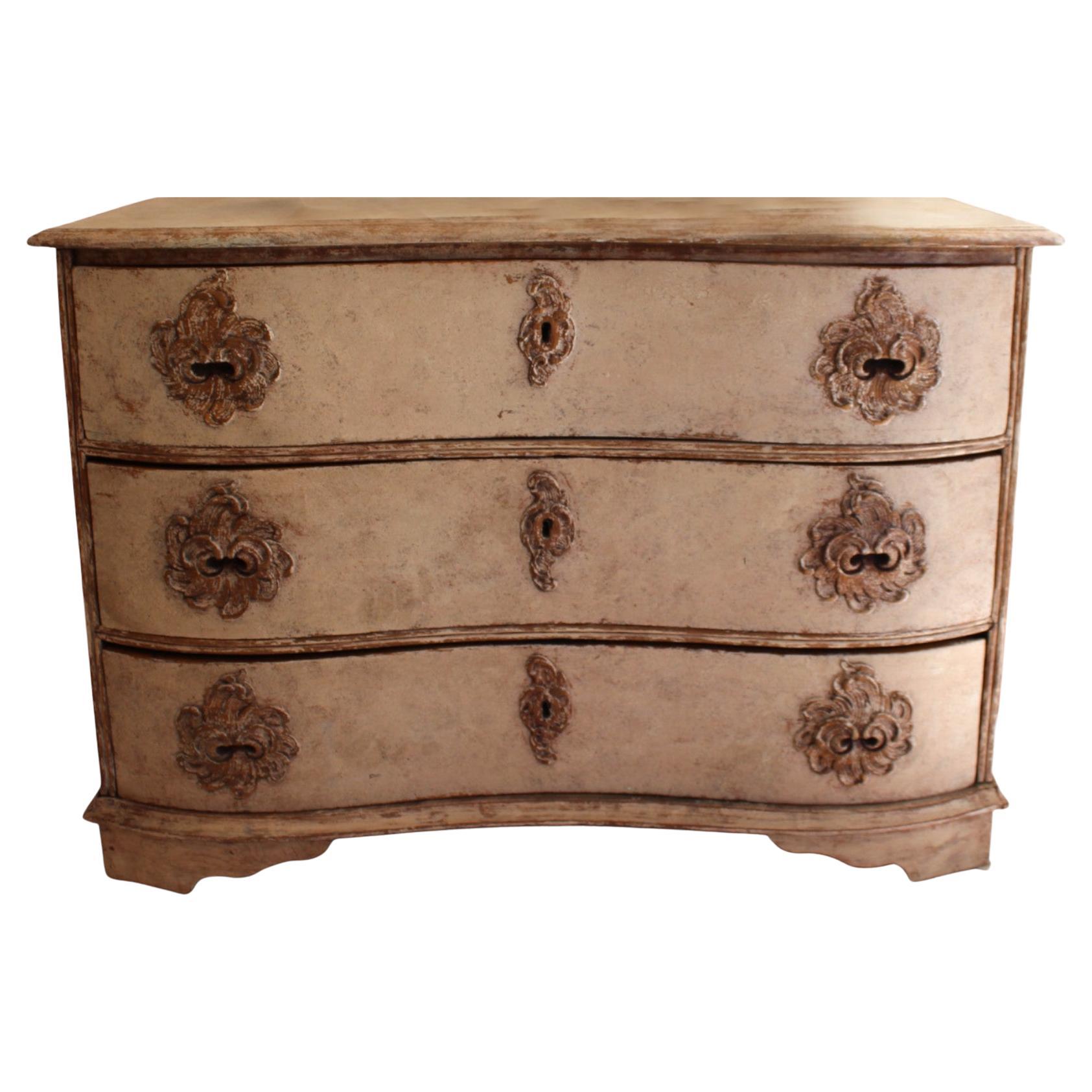 18c German Antique Painted Rococo Chest with rare shell carving on handles For Sale