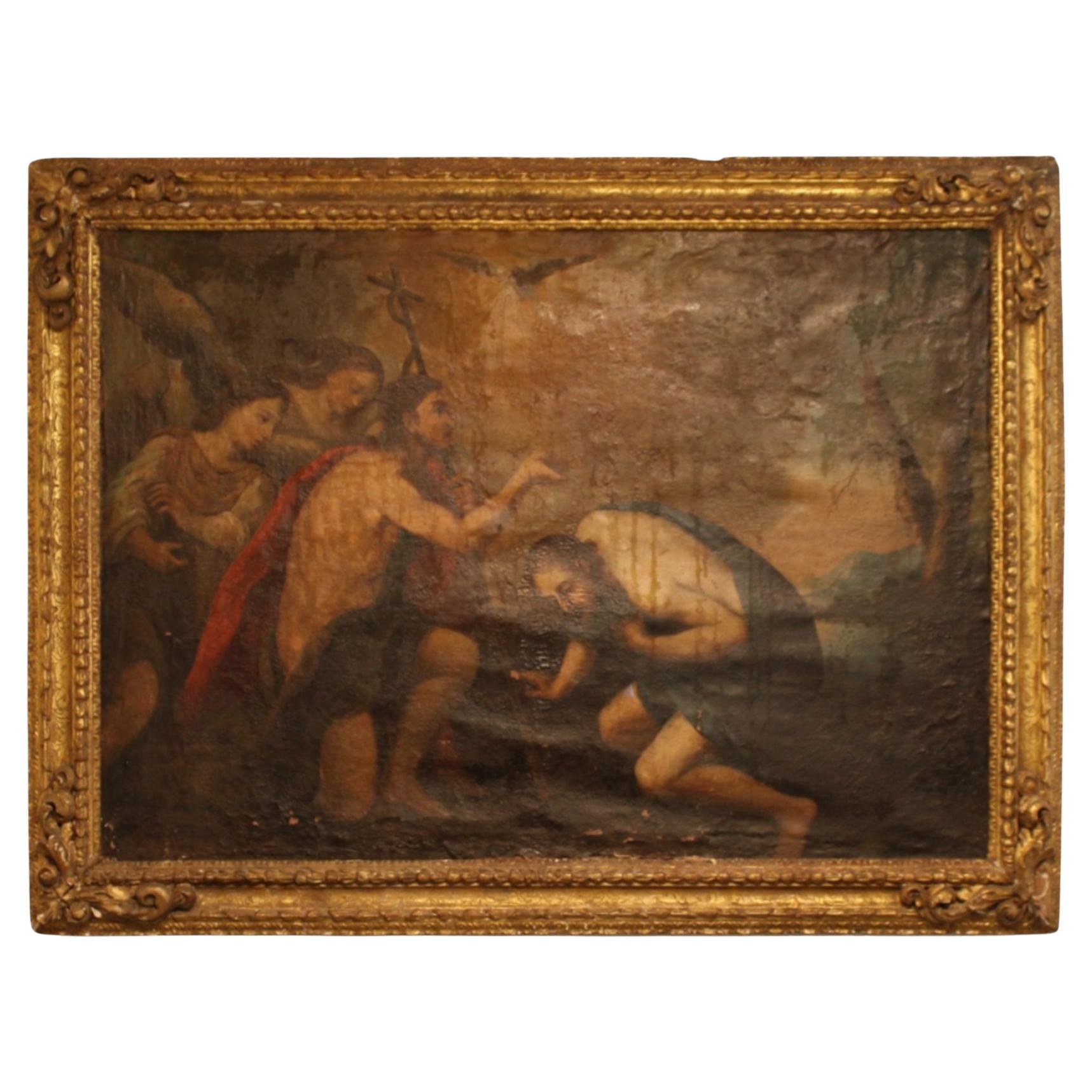 18c Italian Antique Painting of John the Baptist and Jesus - in original frame.