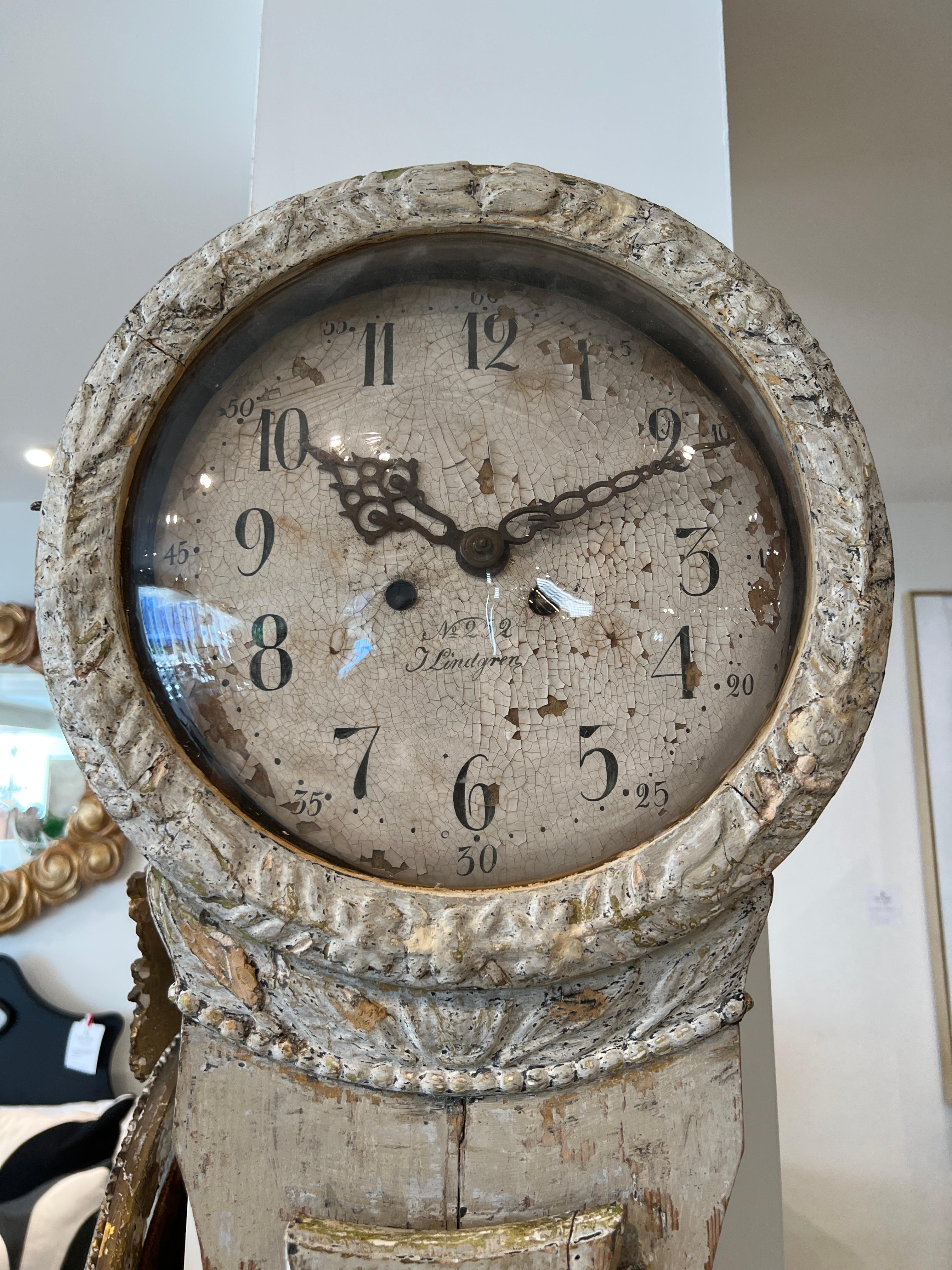 Magnificent stately Gustavian long case clock. The clock is signed inside and has original face, glass, pendulum and weights.