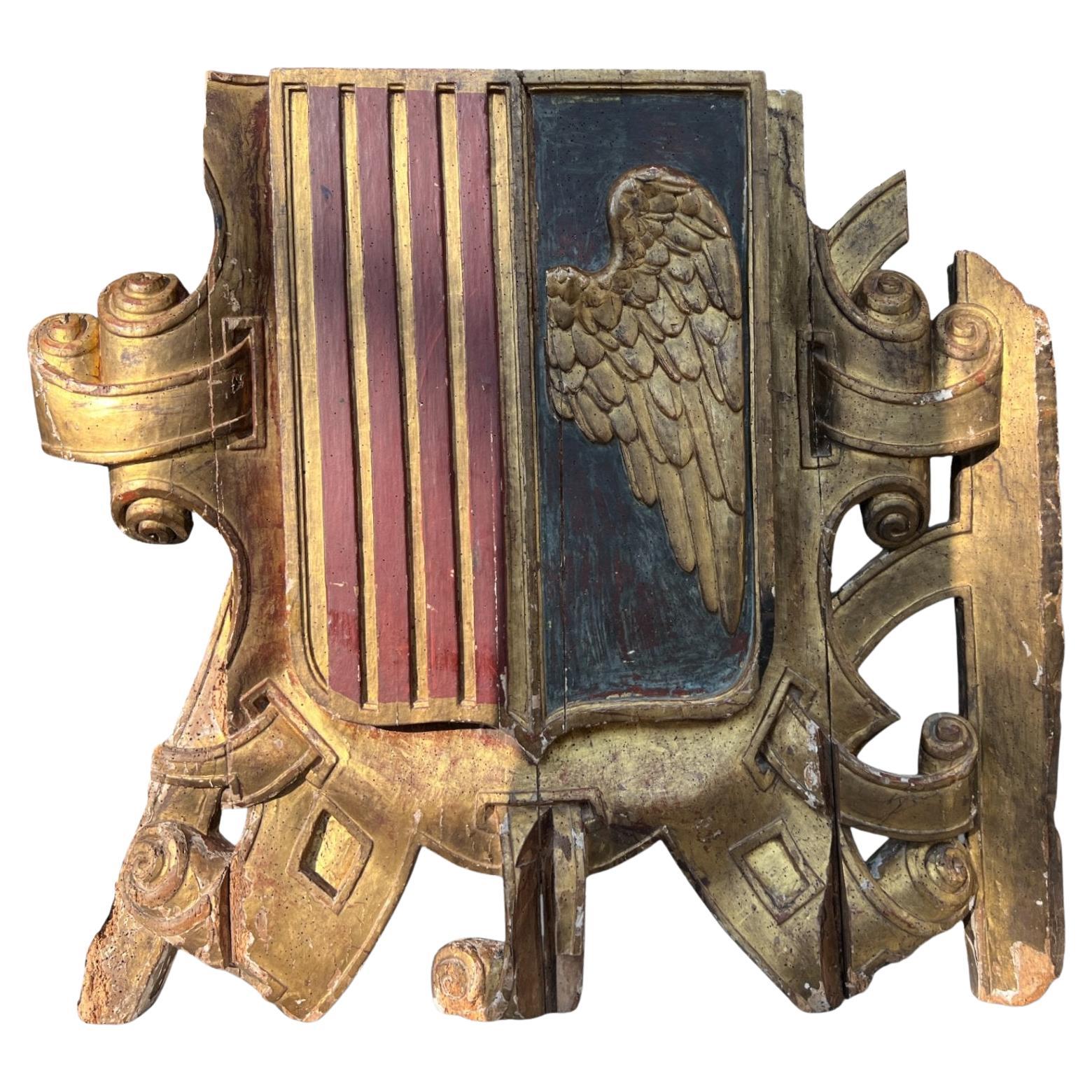 18c Spanish Antique Catalonia Wood Coat of Arms For Sale