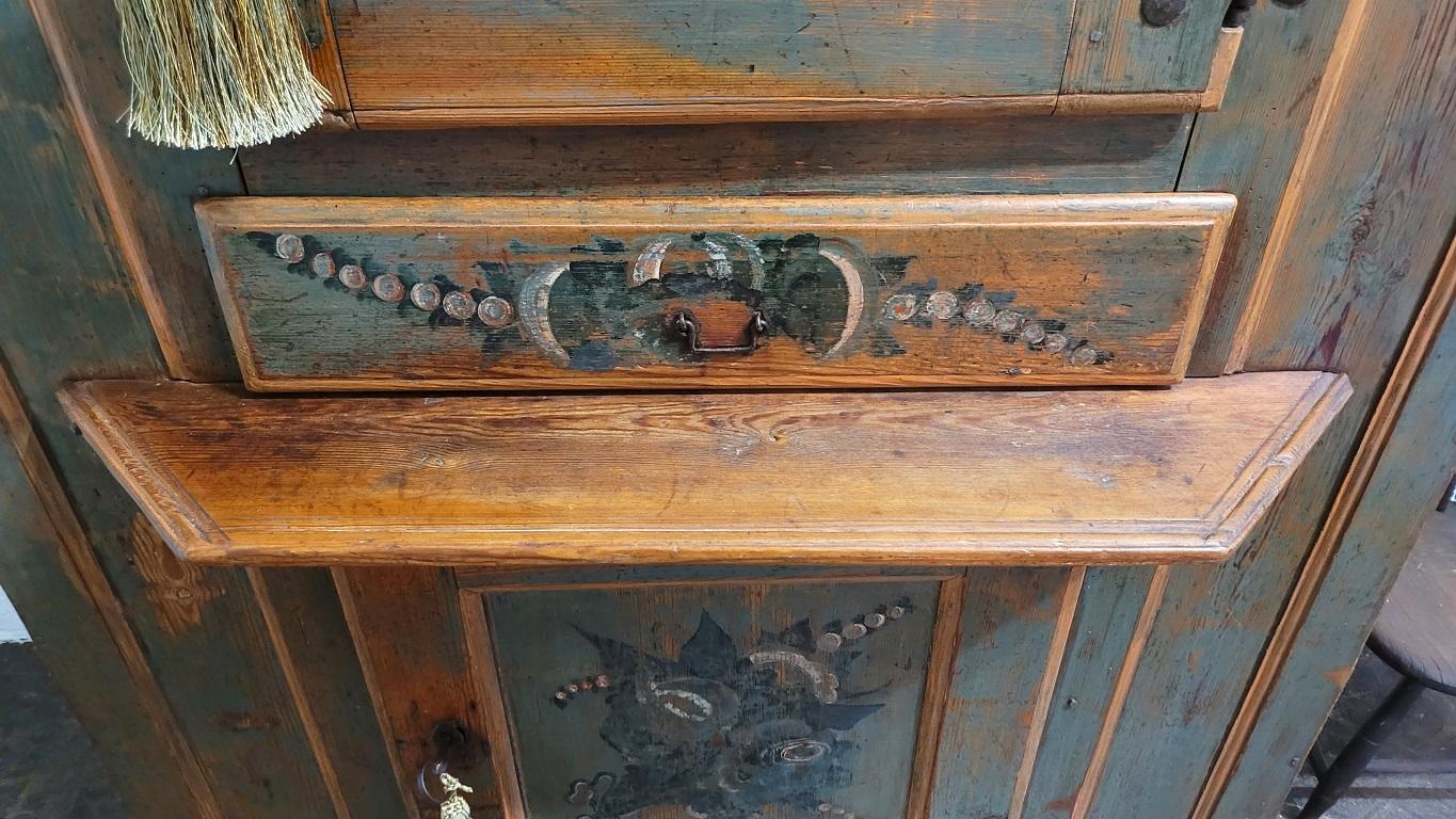 Iron 18C Swedish Hand Painted Pine Cabinet or Cupboard For Sale