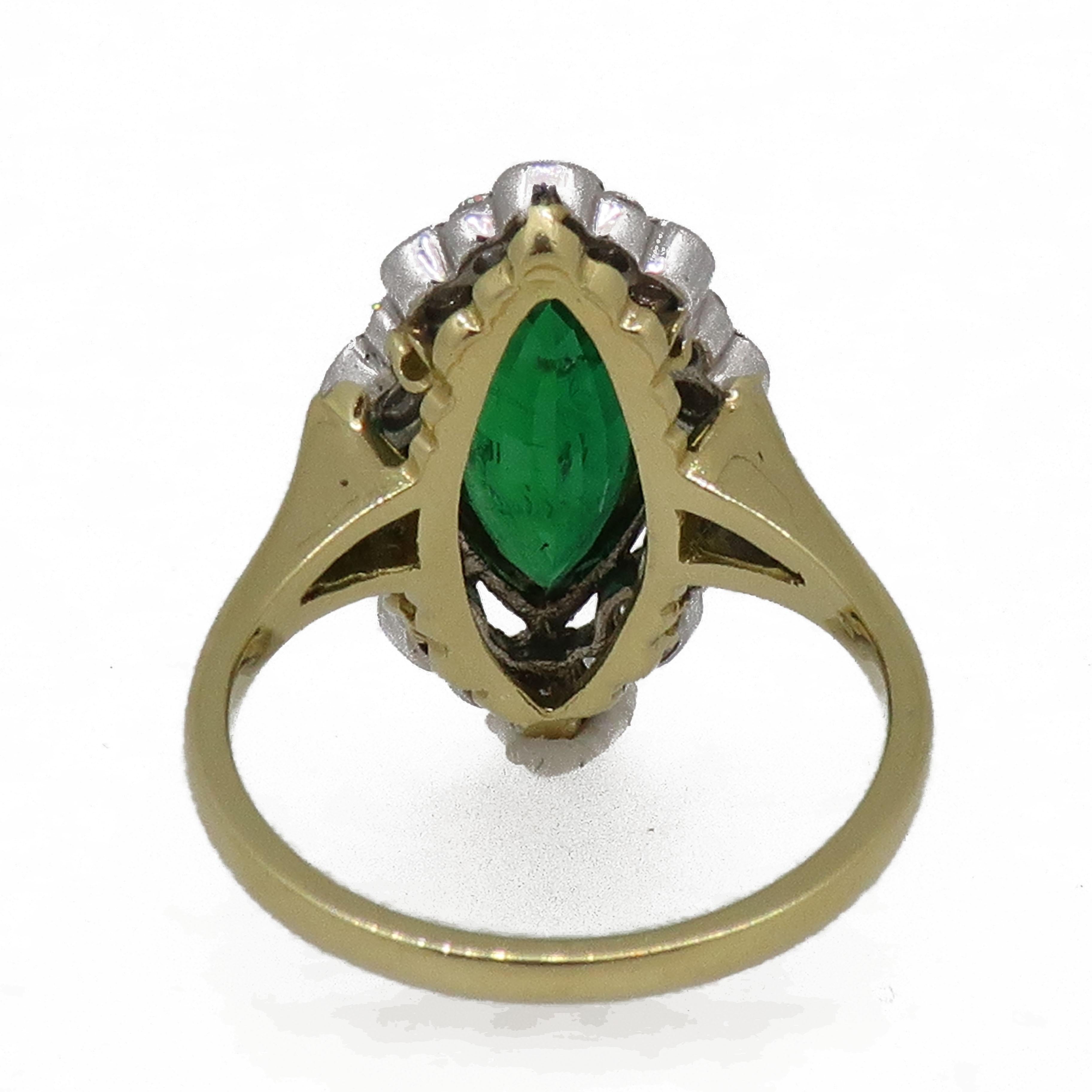 18Carat Gold Marquise Navvette Cut Emerald & Diamond Art Deco Style Cluster Ring In New Condition For Sale In East Grinstead, GB