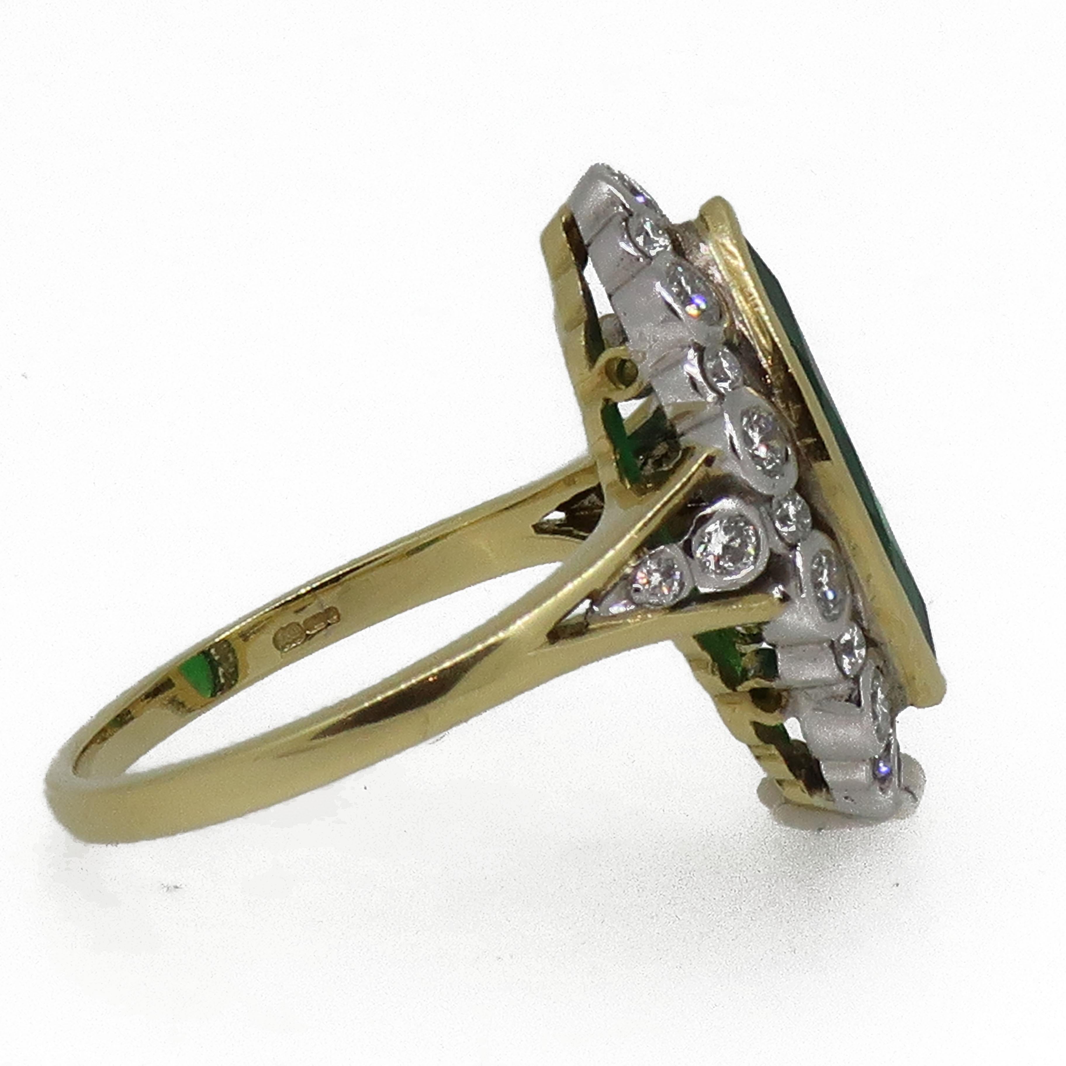 Women's 18Carat Gold Marquise Navvette Cut Emerald & Diamond Art Deco Style Cluster Ring For Sale