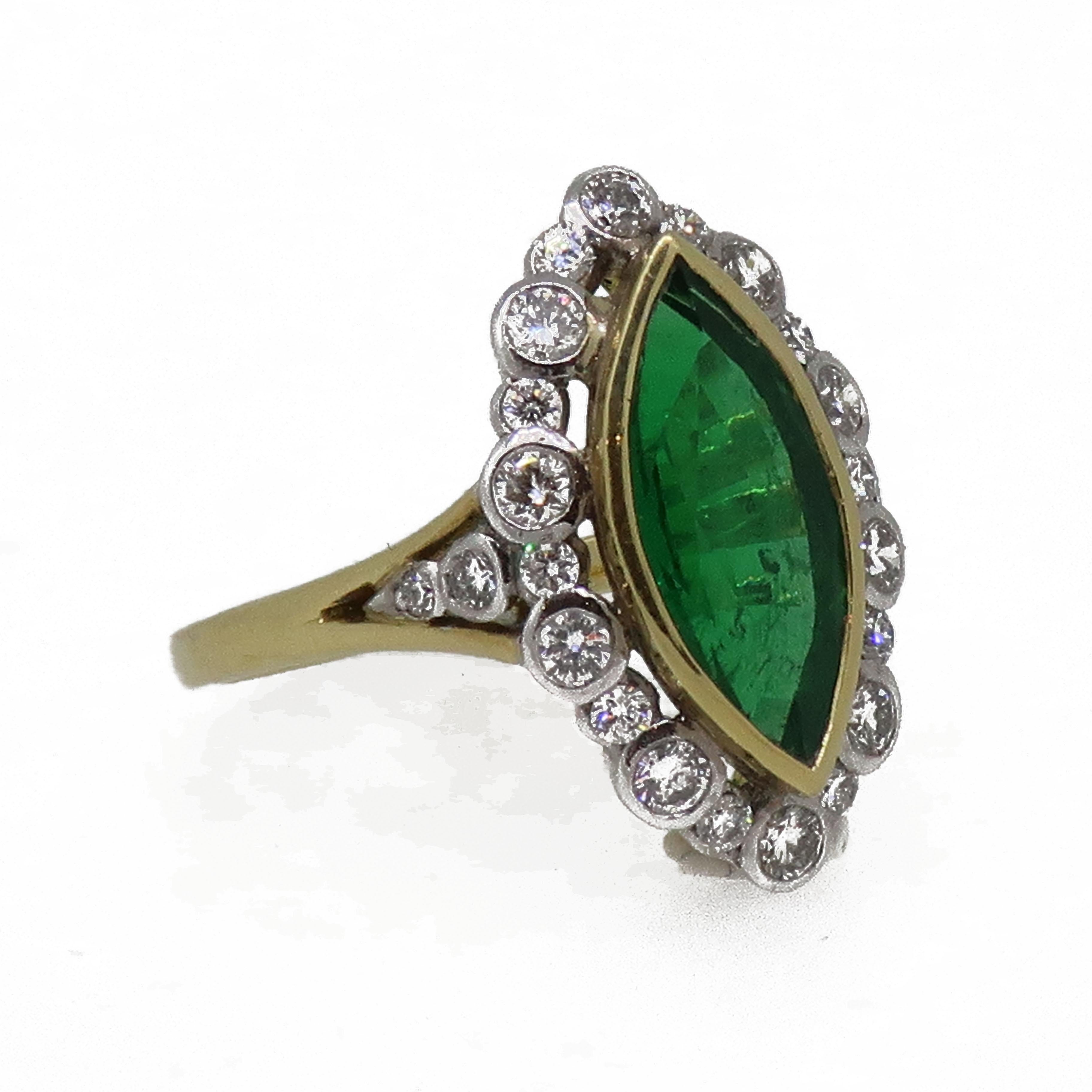 18Carat Gold Marquise Navvette Cut Emerald & Diamond Art Deco Style Cluster Ring For Sale 1