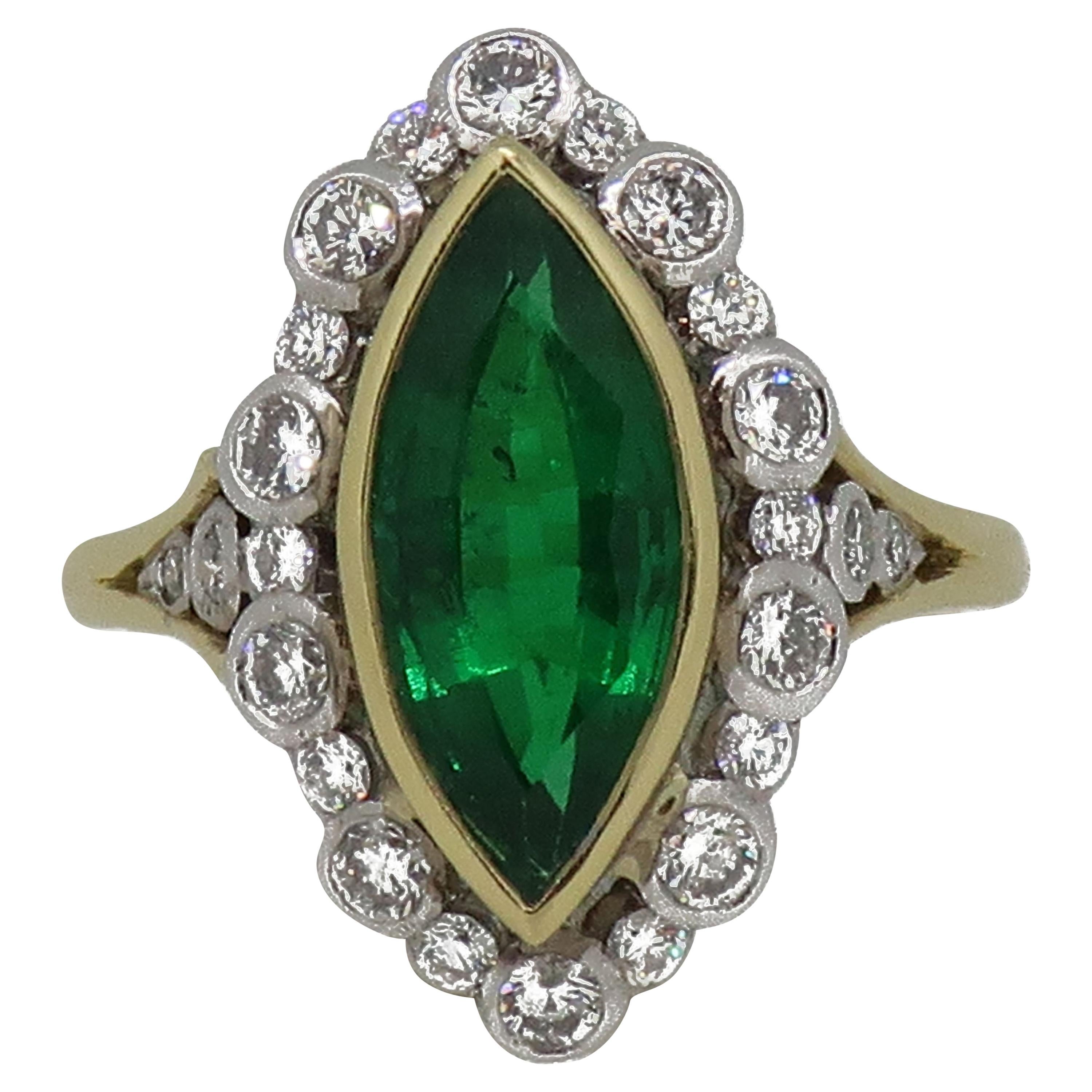 18Carat Gold Marquise Navvette Cut Emerald & Diamond Art Deco Style Cluster Ring For Sale