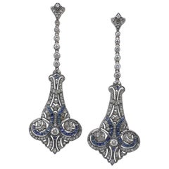 18carat Rose, White Gold & Sterling Silver Long Sapphire & Diamond Drop Earrings