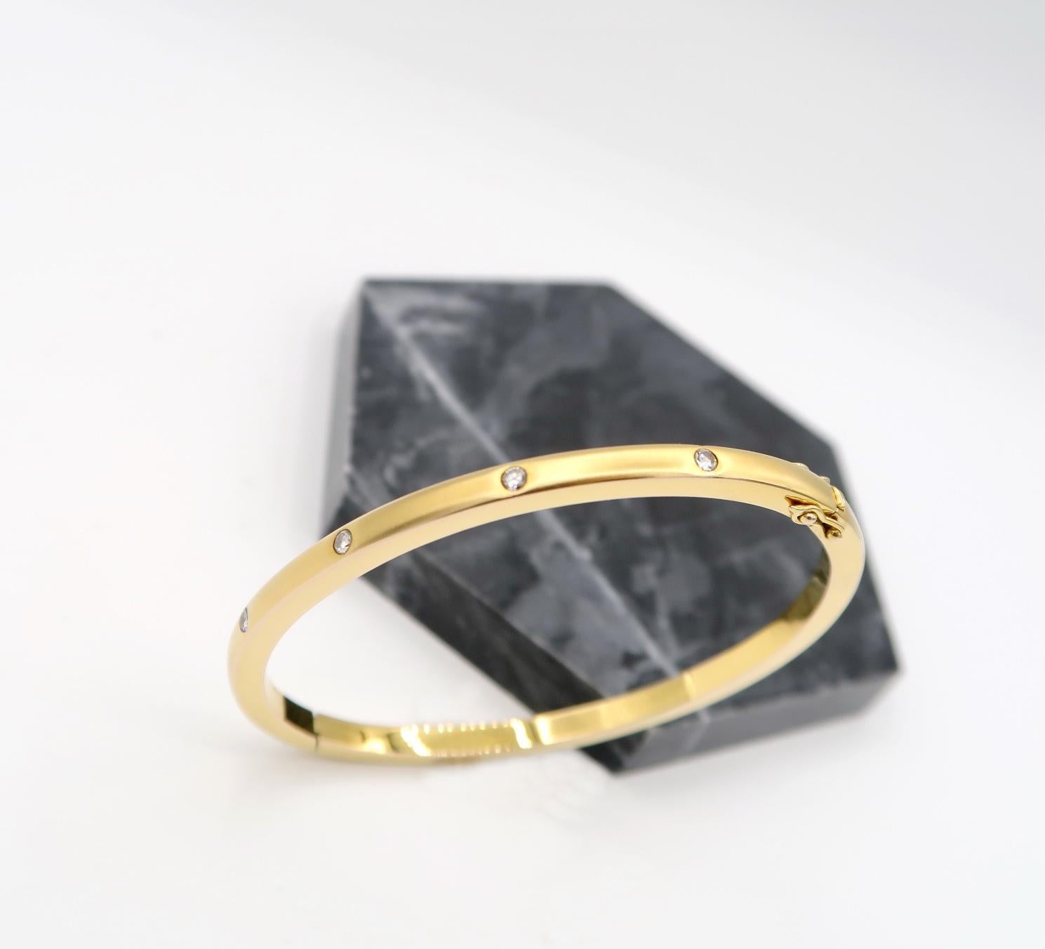 Brilliant Cut Stackable Matte Thin Bangle in 18k Yellow Gold with Diamonds Evenly Spaced For Sale