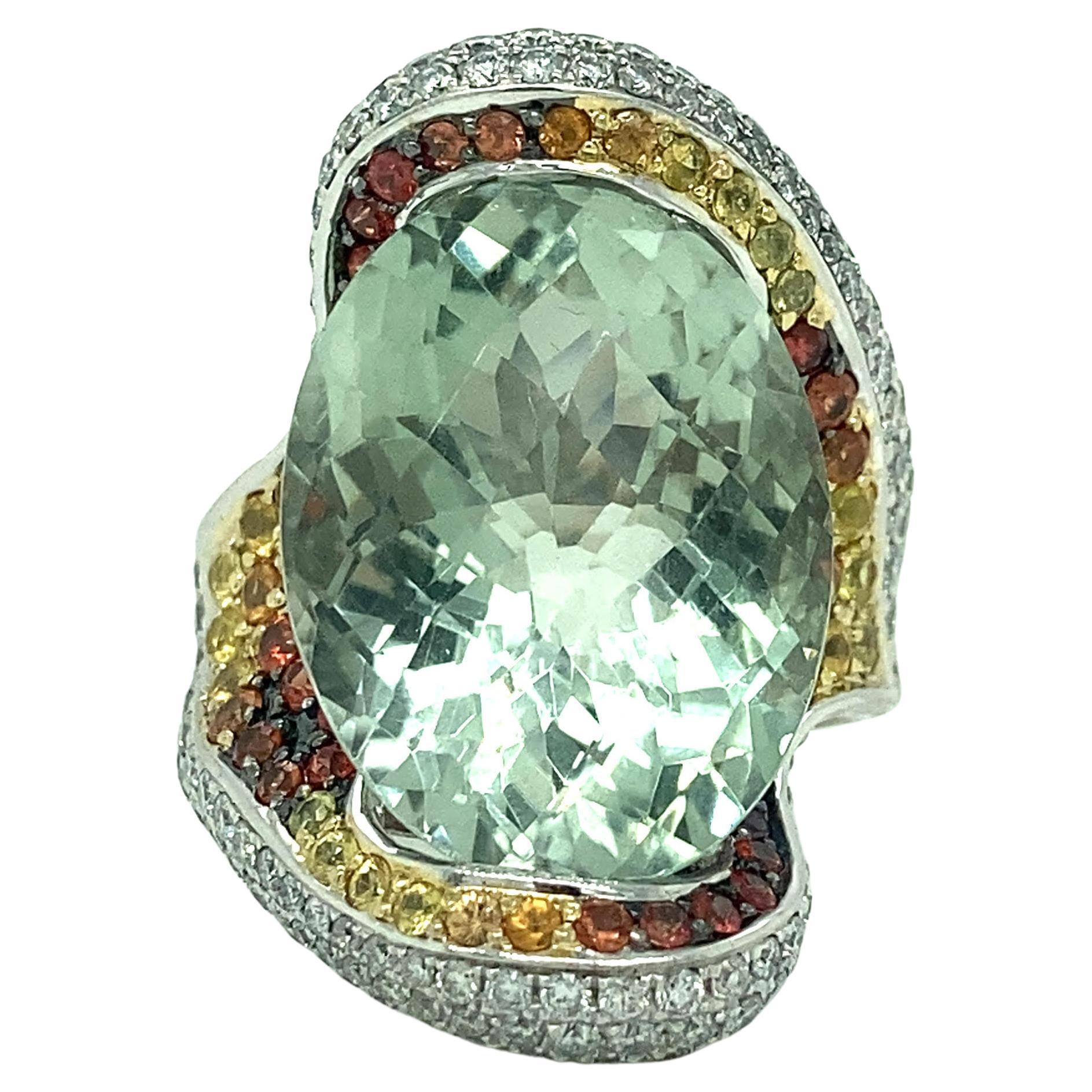 18ct Aquamarine, Diamonds and multi colored sapphire 18K White Gold Ring